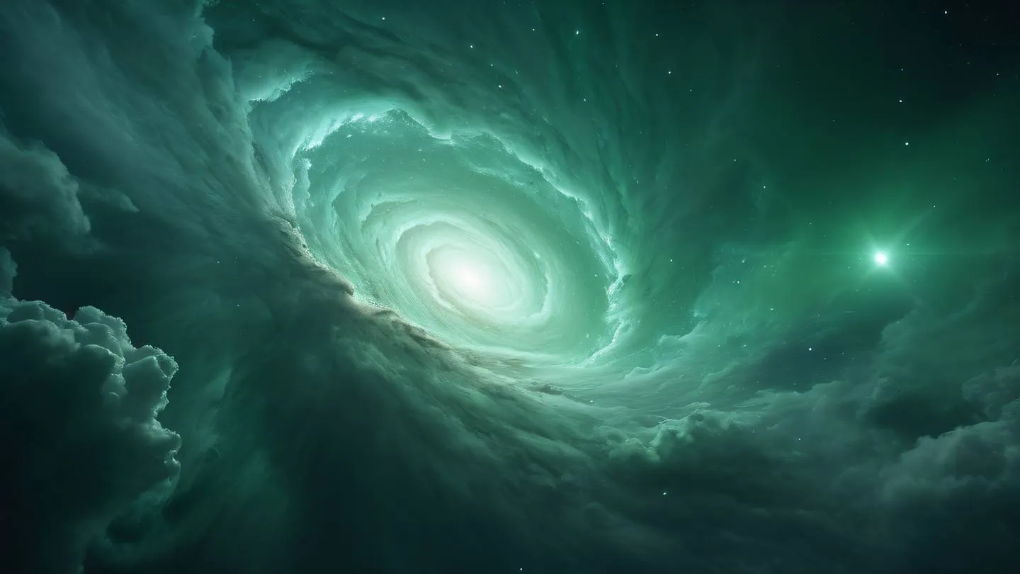 Ethereal cosmic scene with bright swirling clouds and nebulas in sage green and silver hues captured from a wide-angle perspective with dramatic lighting effects high-quality ultra-realistic cinematic 8K UHD high resolution sharp and detail