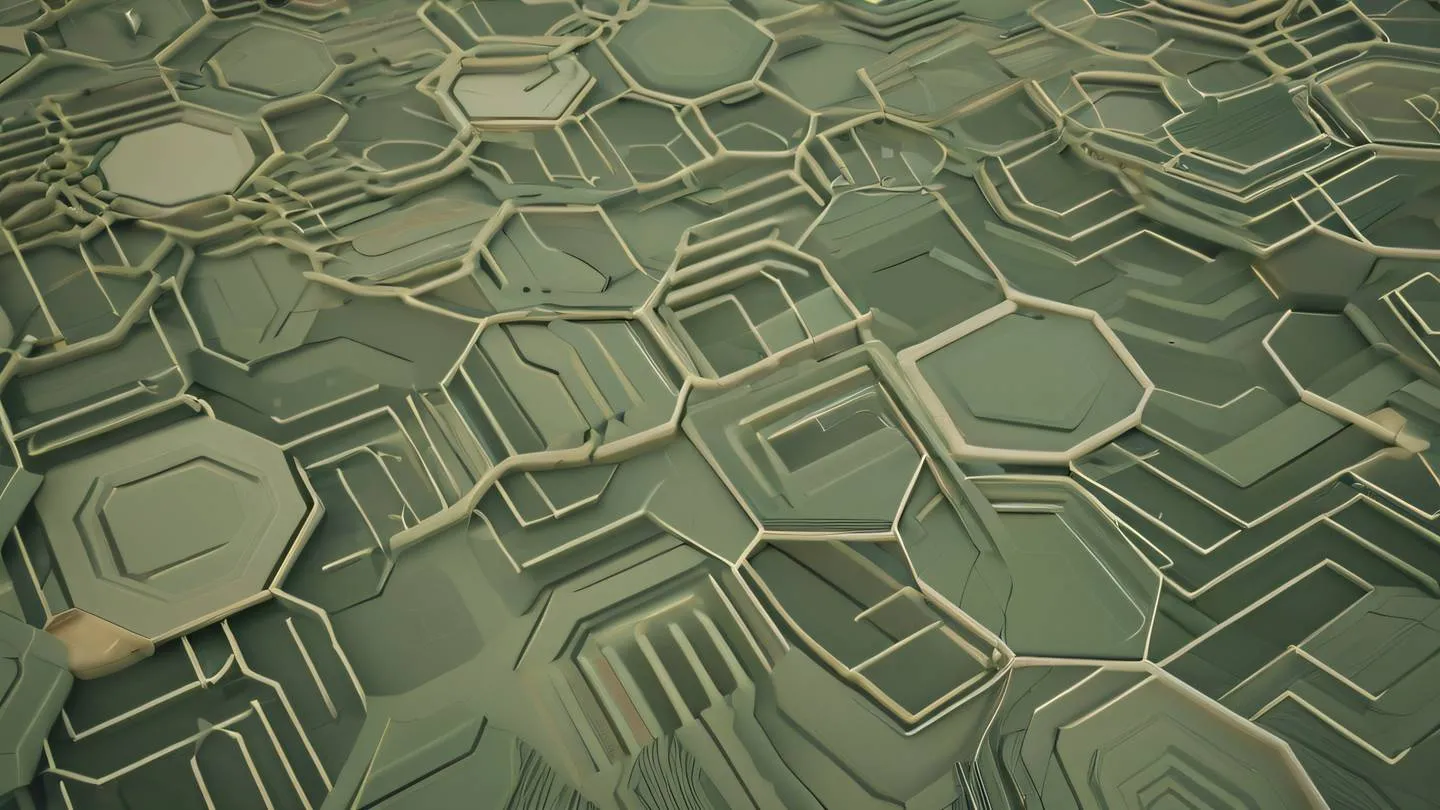 Abstract geometric shapes representing data validation flow featuring interconnected hexagons and flowing lines in natural earth tones of sage green and sandy beige captured from a top-down perspective with subtle depth high-quality ultra-realistic cinematic 8K UHD high resolution sharp and detail