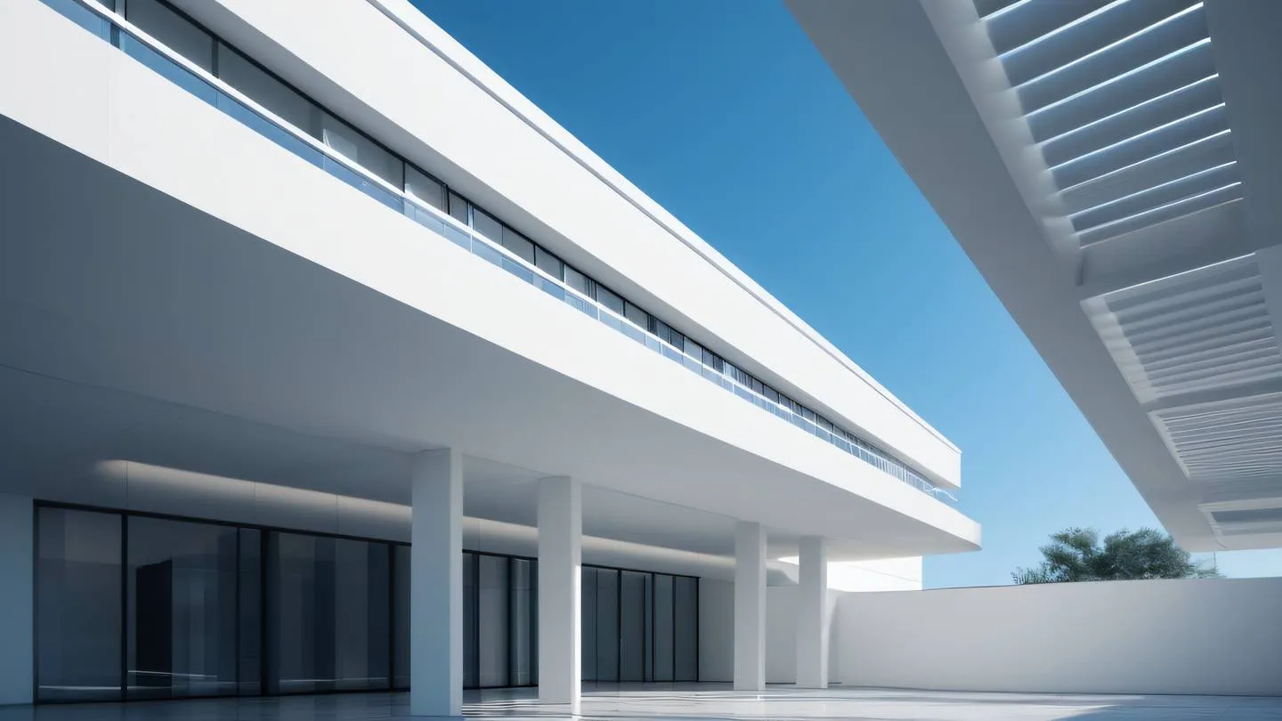 Modern architectural structure with clean lines and geometric patterns casting shadows featuring whisper white and breezeway blue tones photographed from a low angle perspective with dramatic lighting high-quality ultra-realistic cinematic 8K UHD high resolution sharp and detail