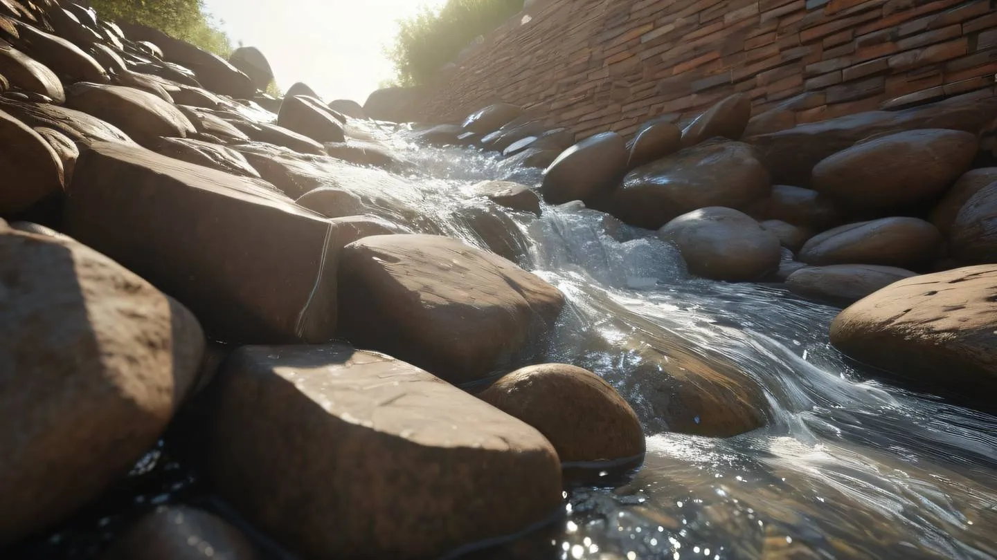 Minimalist nature scene with flowing water elements over geometric rocks in etched glass and sun-washed brick colors shot from a diagonal perspective with natural lighting high-quality ultra-realistic cinematic 8K UHD high resolution sharp and detail