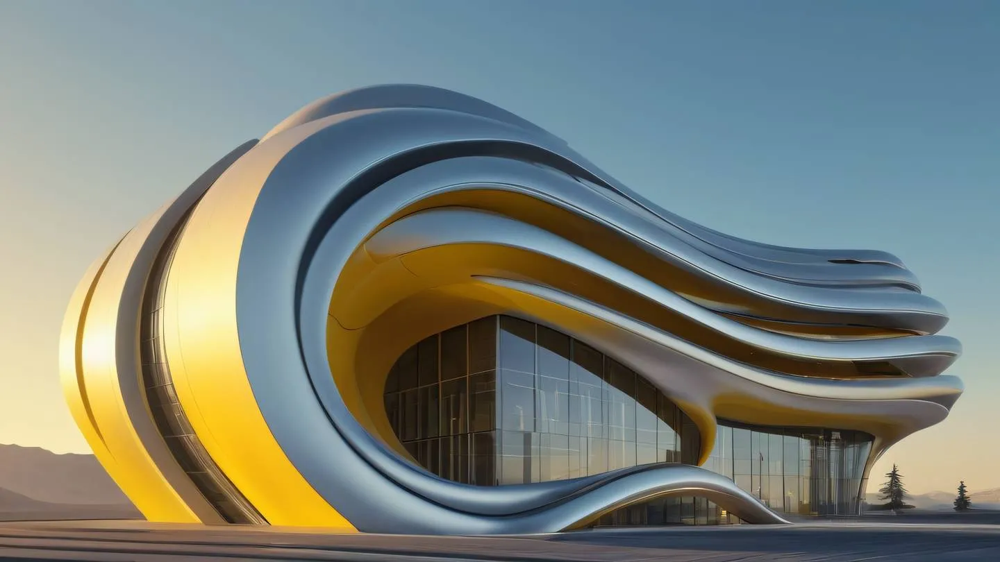 A futuristic abstract building with flowing curves and dynamic lines metallic silver and canary yellow gradient colors architectural visualization with smooth transitions and fluid forms captured from a low upward angle perspective high-quality ultra-realistic cinematic 8K UHD high resolution sharp and detail