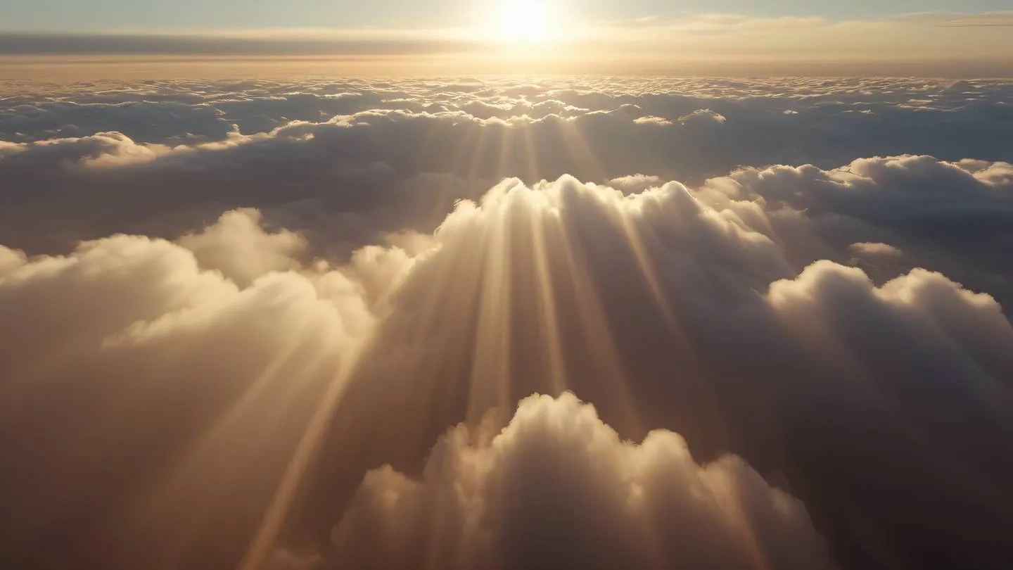 Abstract flowing light rays piercing through volumetric clouds rich brown and cream color gradient captured from a bird's eye view perspective displaying smooth energy streams high-quality ultra-realistic cinematic 8K UHD high resolution sharp and detail