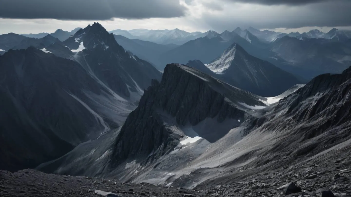 Dramatic rocky mountain landscape with sharp peaks and valleys silver and off-black gradient colors captured from a sweeping side angle atmospheric lighting high-quality ultra-realistic cinematic 8K UHD high resolution sharp and detail