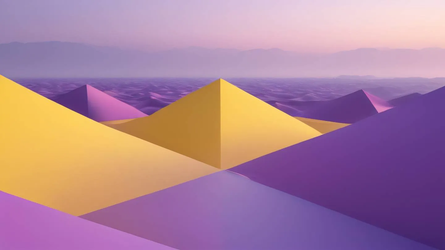 Abstract geometric landscape with seamless transitions between shapes canary yellow and lilac gradient viewed from a cinematic wide angle with dynamic composition high-quality ultra-realistic cinematic 8K UHD high resolution sharp and detail