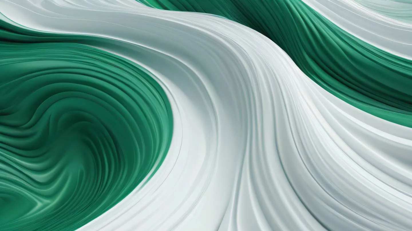 Abstract fluid motion of white and emerald green waves intertwining in a geometric pattern representing smooth scrolling and efficient data handling captured from top-down perspective high-quality ultra-realistic cinematic 8K UHD high resolution sharp and detail