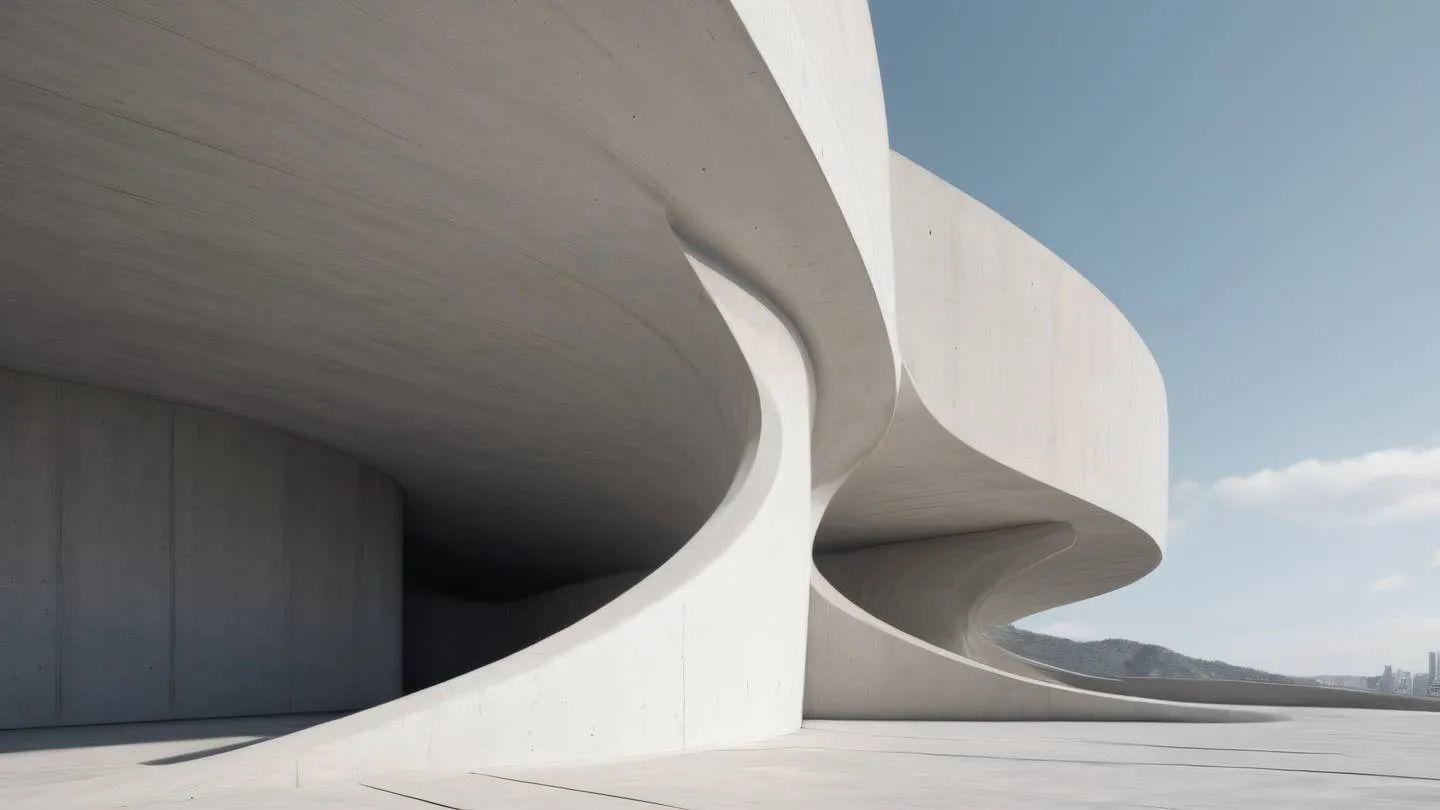 Minimalist concrete architecture with flowing curves and lines in bright white and warm gray tones photographed from a diagonal lower angle high-quality ultra-realistic cinematic 8K UHD high resolution sharp and detail