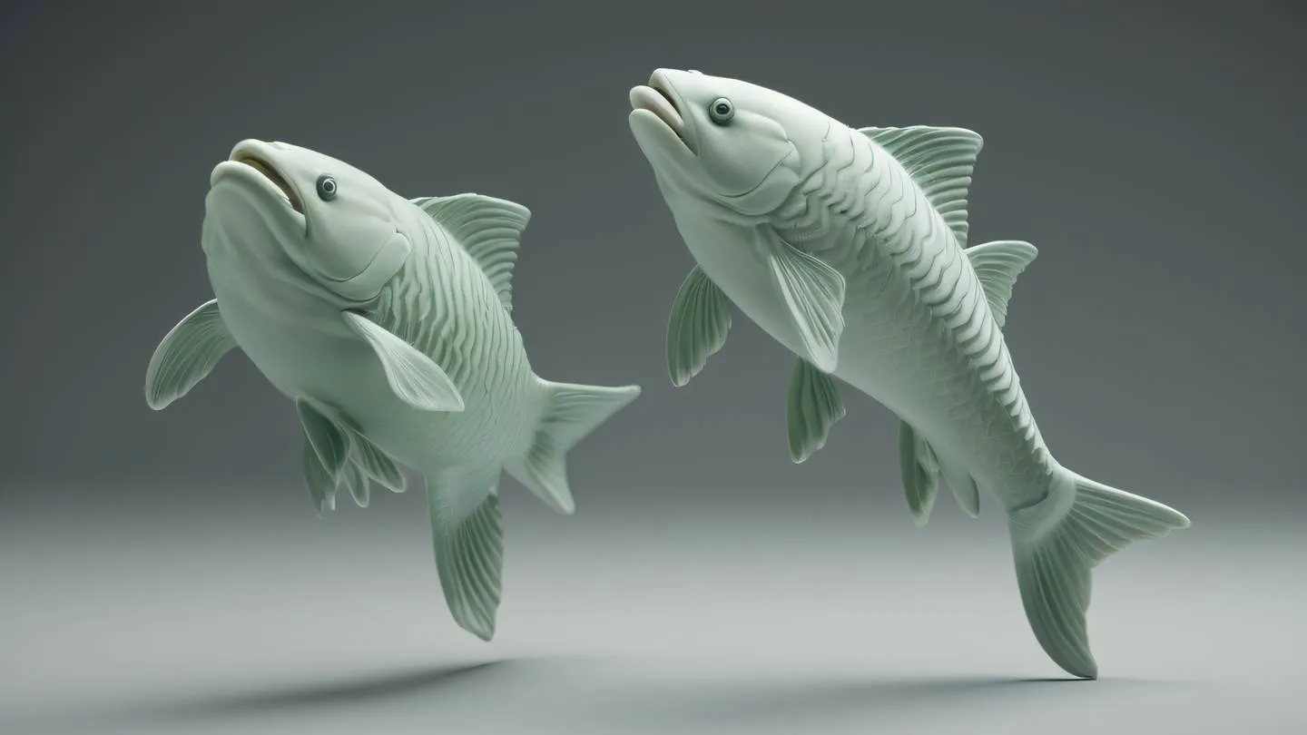 Sculptural fish forms in motion created from smooth clay featuring flowing curves in sage green and soft white tones captured from a 45-degree elevated angle high-quality ultra-realistic cinematic 8K UHD high resolution sharp and detail