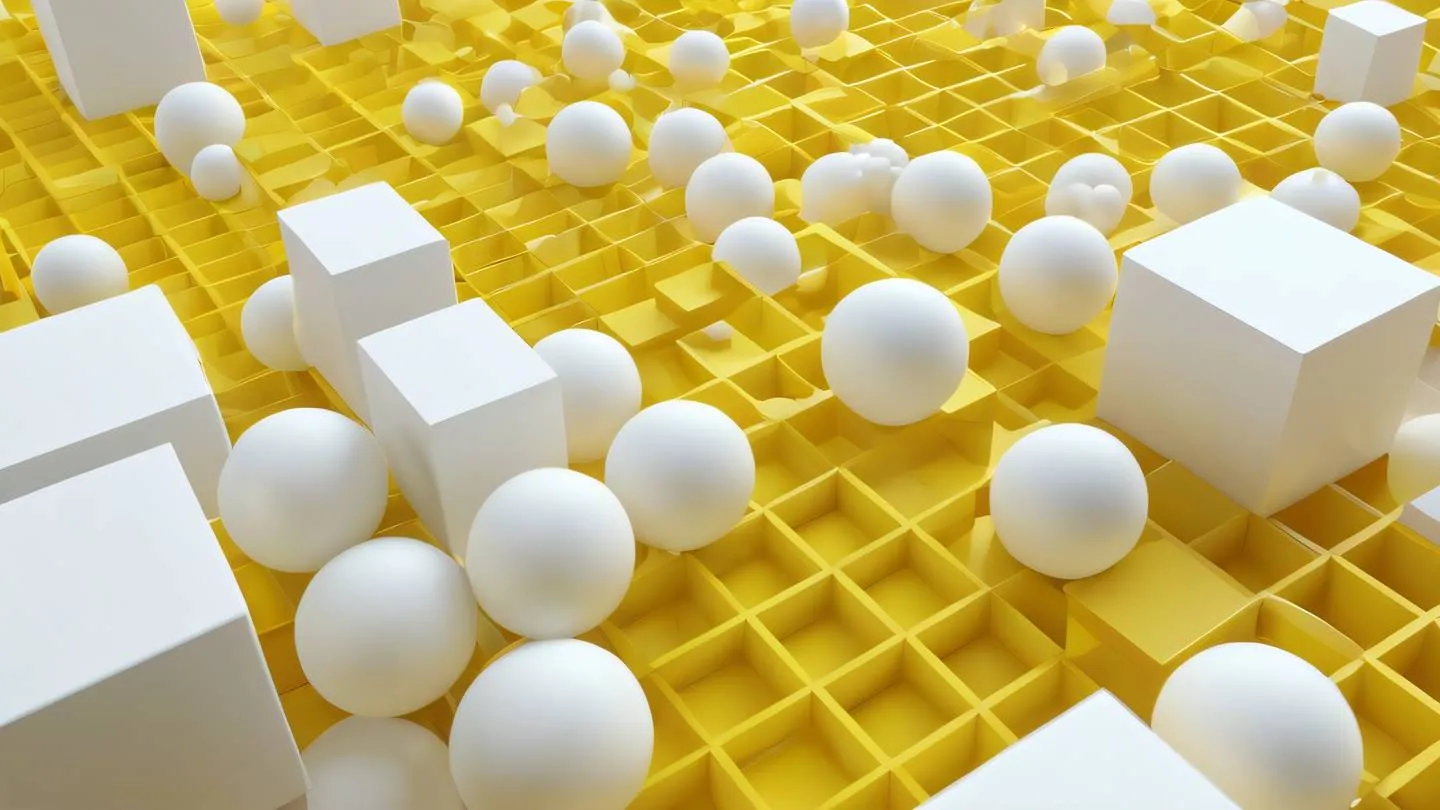 Geometric abstract composition with floating cubes and spheres in bright yellow and white tones arranged in a diagonal pattern shot from a low angle perspective high-quality ultra-realistic cinematic 8K UHD high resolution sharp and detail