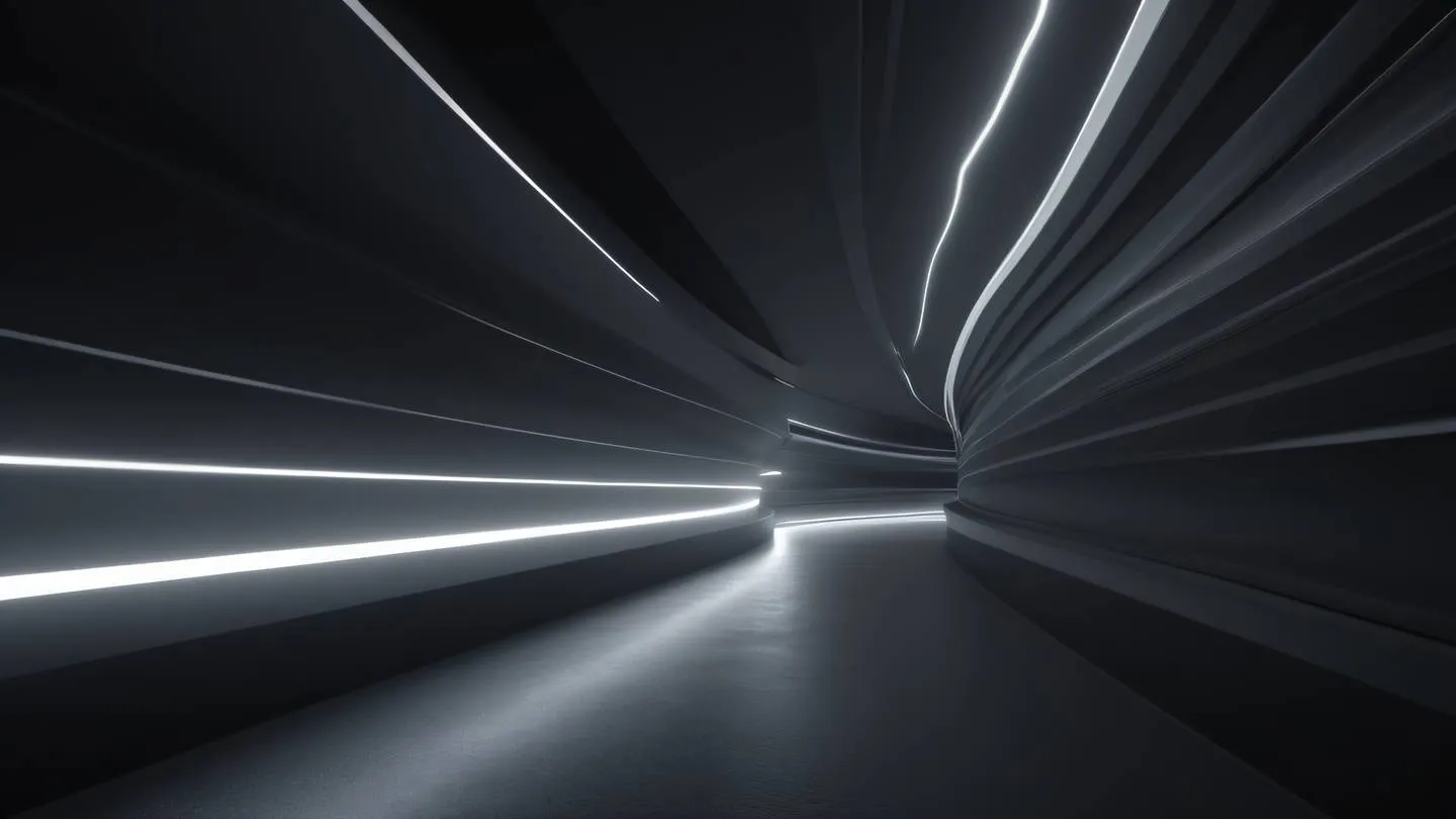 Flowing light streams in minimal modern greys and white creating abstract pathways against a black backdrop viewed from a 45-degree angle high-quality ultra-realistic cinematic 8K UHD high resolution sharp and detail