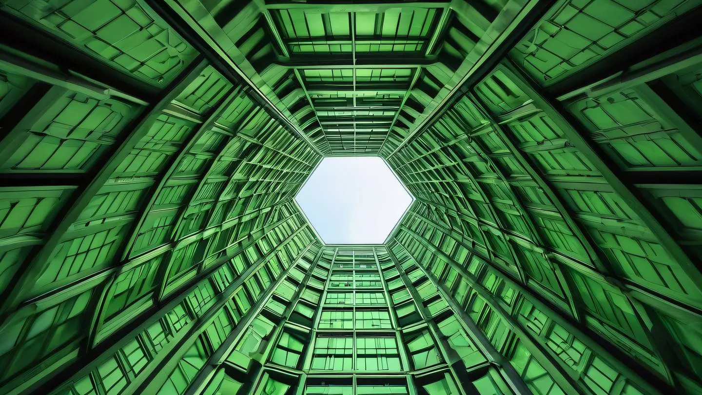 Abstract architectural structure with bright green geometric patterns intersecting with black lines creating depth and dimension photographed from a low angle looking up high-quality ultra-realistic cinematic 8K UHD sharp and detail