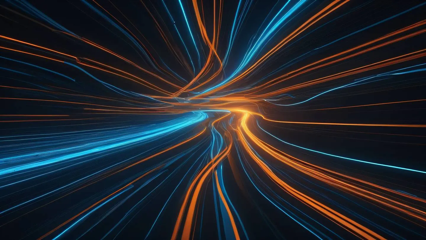 An abstract representation of parallel processing streams with flowing light trails in bright orange and minimalist blue tones against a dark background shot from a top-down perspective high-quality ultra-realistic cinematic 8K UHD high resolution sharp and detail