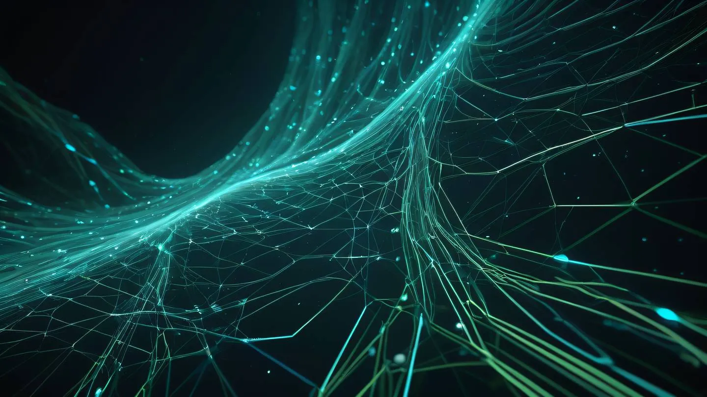 A futuristic digital network visualization with interconnected nodes and pathways featuring seaweed green and stone blue color streams flowing through a dark space captured from a diagonal perspective high-quality ultra-realistic cinematic 8K UHD high resolution sharp and detail