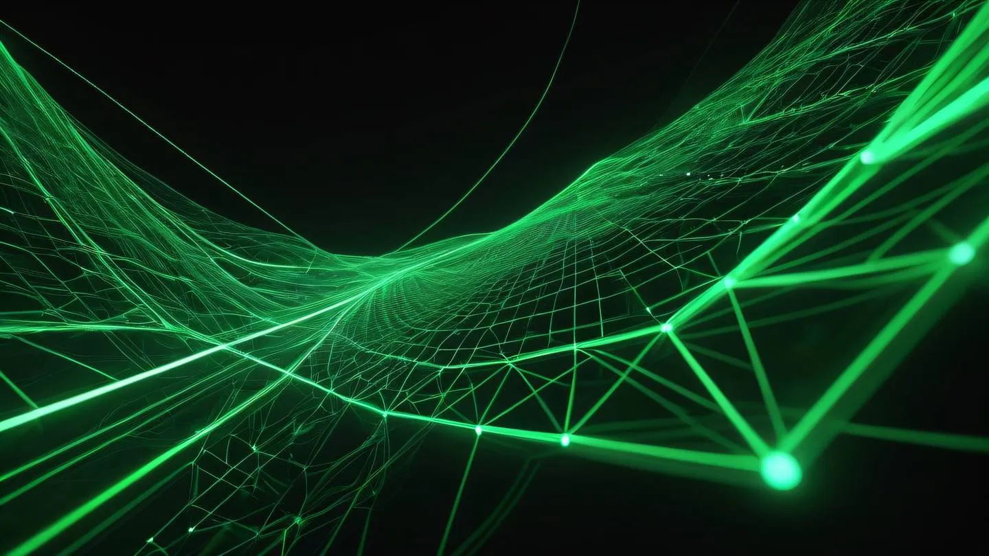 A futuristic abstract visualization of web optimization featuring flowing bright green geometric patterns against a black background with interconnected nodes and light trails suggesting data flow and performance. Shot from a low angle perspective looking up ultra-realistic cinematic 8K UHD high resolution sharp and detailed