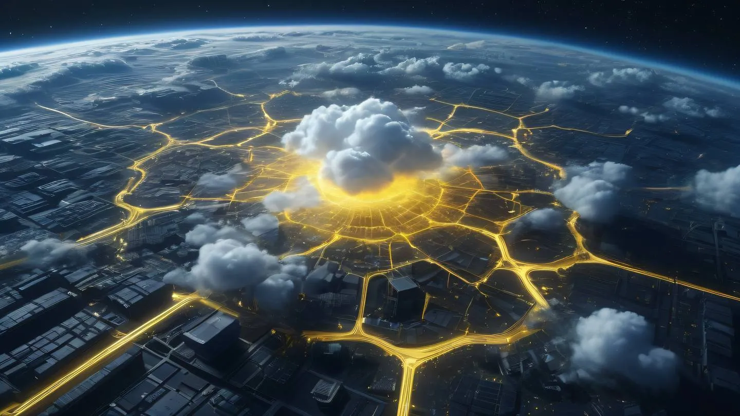 Abstract representation of cloud computing architecture with bright yellow energy streams flowing through crystalline structures against a deep space background. Captured from a bird's eye view high-quality ultra-realistic cinematic 8K UHD high resolution sharp and detailed