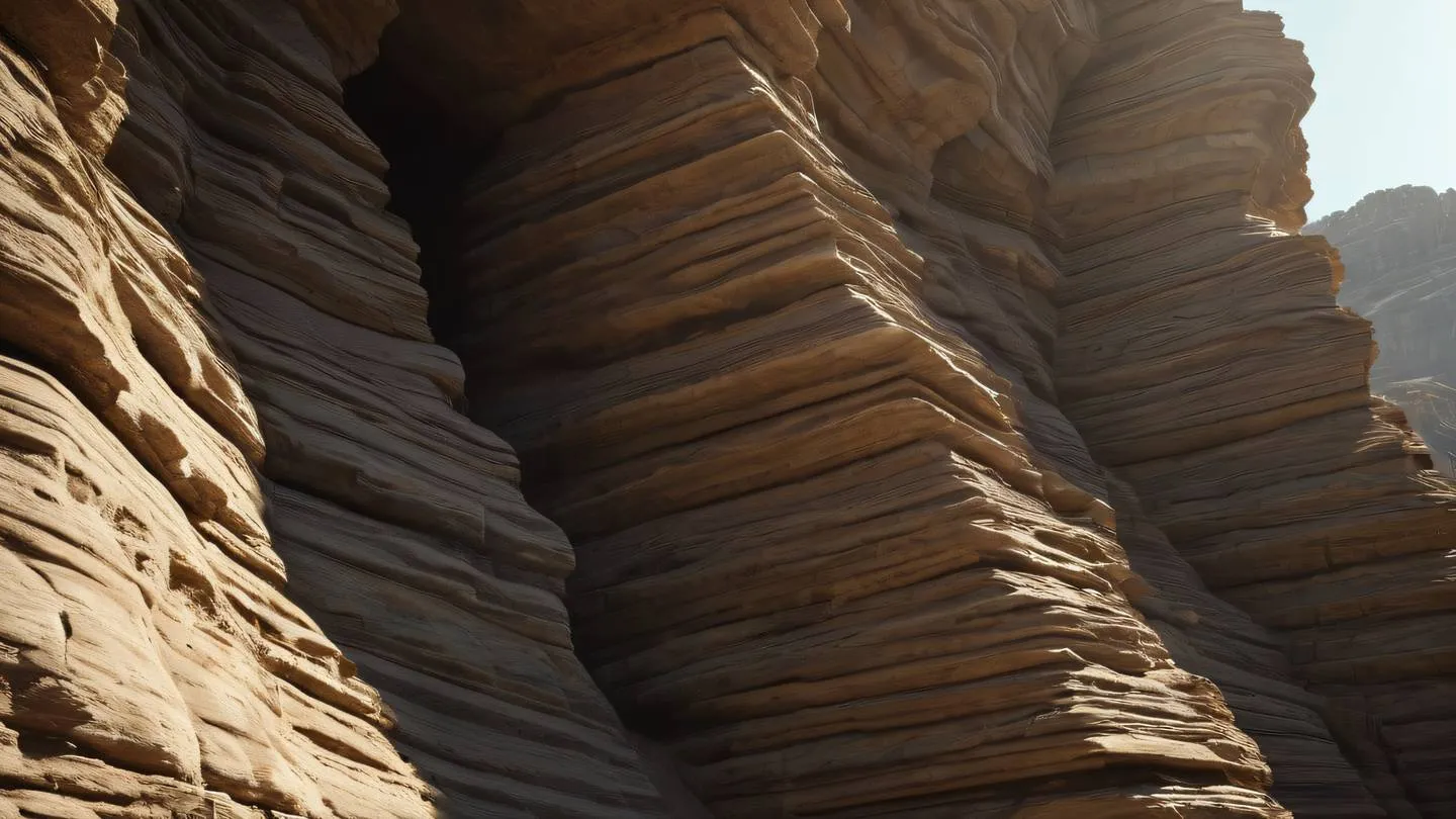 Natural stone formation with sunlight streaming through gaps creating dramatic shadows and highlights. Multiple layers of sedimentary rock in earthy tones. Photographed from a diagonal angle high-quality ultra-realistic cinematic 8K UHD high resolution sharp and detailed