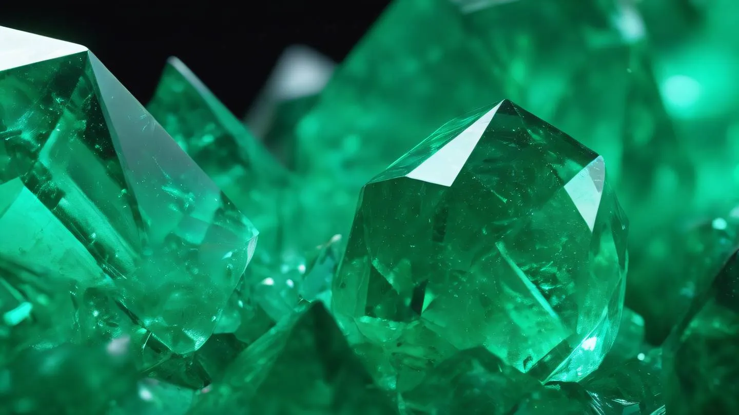 Bright emerald gem crystals forming complex geometric patterns with light refracting through transparent surfaces. Photographed from a macro close-up angle high-quality ultra-realistic cinematic 8K UHD high resolution sharp and detailed