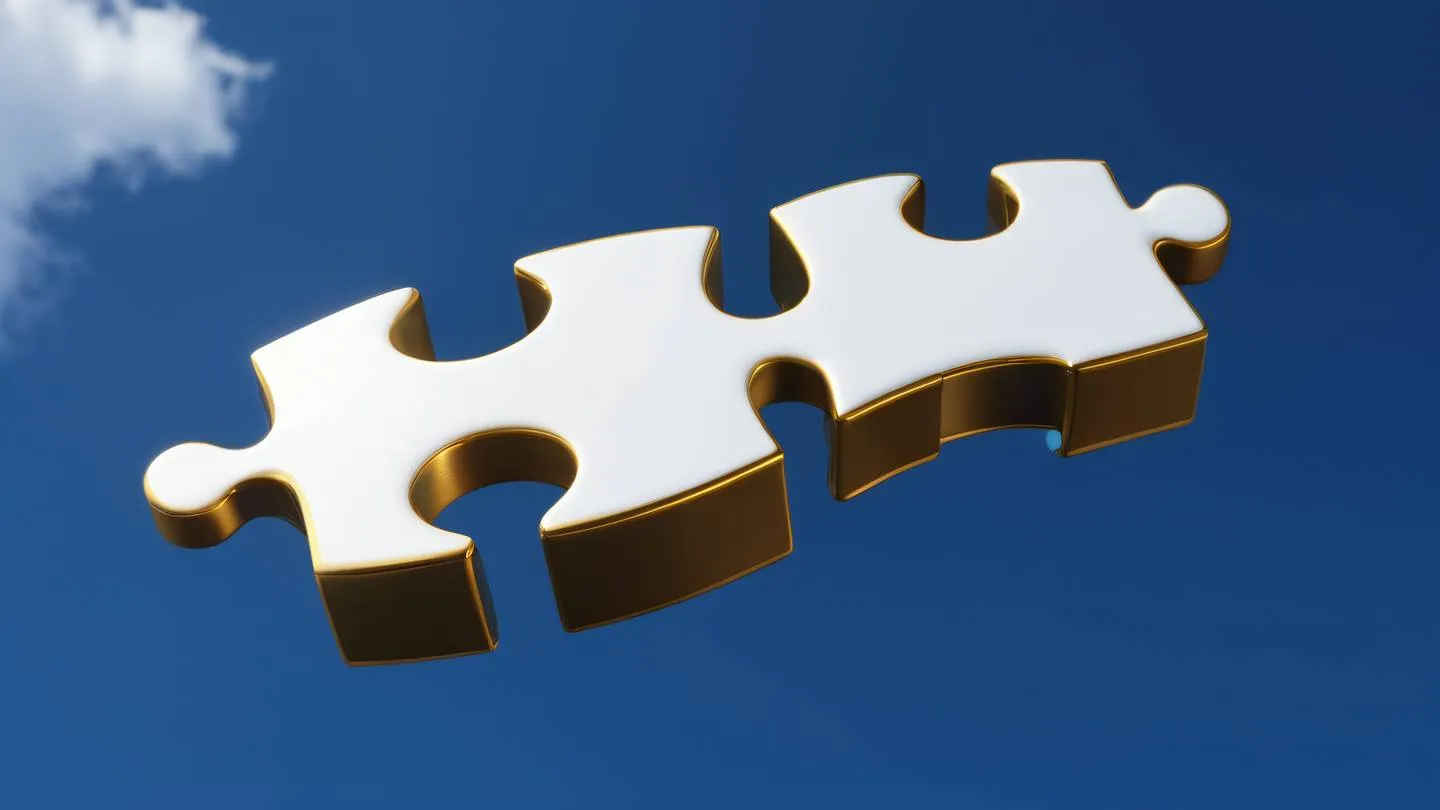 A minimalist abstract representation of two connecting puzzle pieces floating in air one gold and one bright white against a deep blue sky background shot from a low angle perspective looking up high-quality ultra-realistic cinematic 8K UHD high resolution sharp and detail