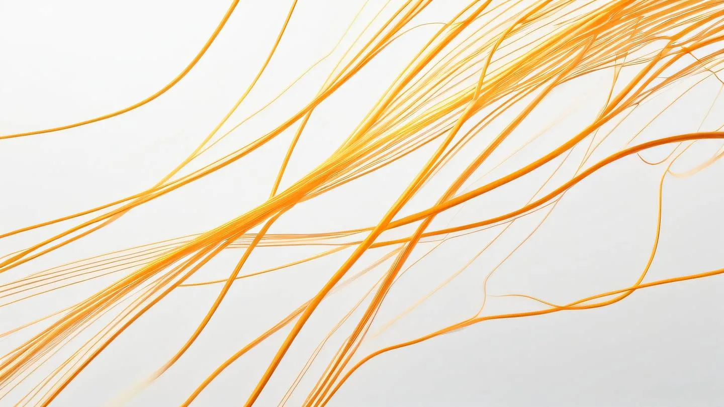 Abstract flowing lines representing data streams with bright orange and minimal yellow strands intertwining against a clean white background captured from a birds-eye view perspective high-quality ultra-realistic cinematic 8K UHD high resolution sharp and detail