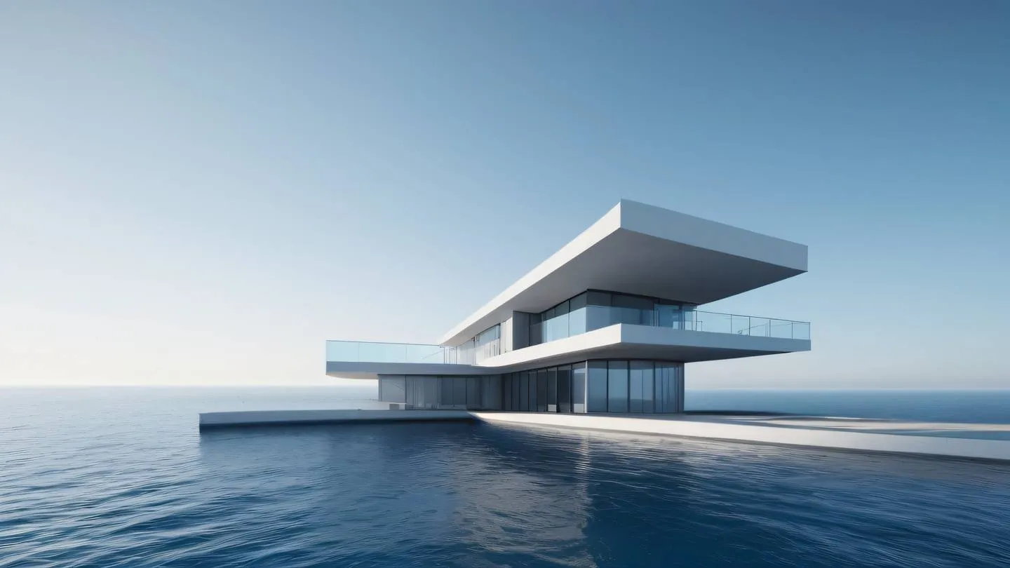 Smooth geometric shapes representing modern architecture against an ocean horizon featuring clean lines in bright blue and minimal grey tones photographed from a diagonal angle high-quality ultra-realistic cinematic 8K UHD high resolution sharp and detail