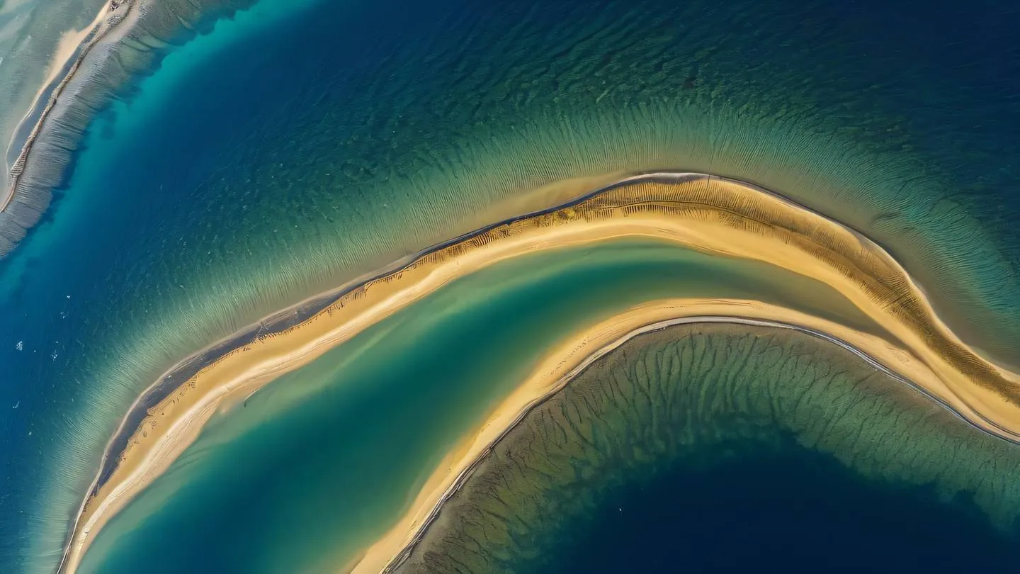 An abstract aerial view of a winding river delta meeting the sea with bright gold sandbars contrasting against deep blue water captured from directly above high-quality ultra-realistic cinematic 8K UHD high resolution sharp and detail