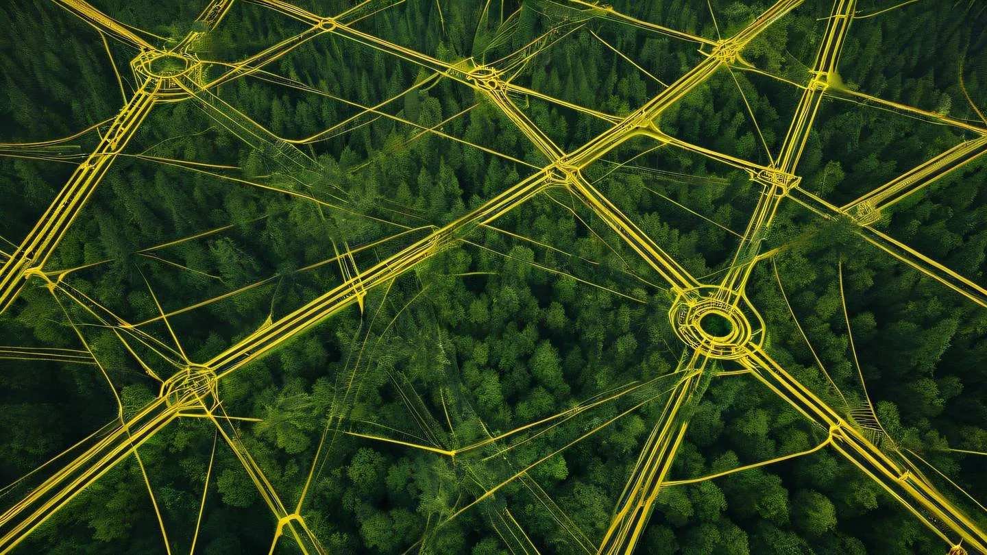 Abstract geometric pattern of interconnected paths and nodes in bright forest green and golden yellow viewed from a 45-degree angle high-quality ultra-realistic cinematic 8K UHD high resolution sharp and detail