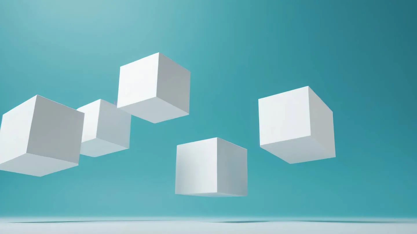 A minimalist abstract geometric composition representing building blocks floating in space featuring clean lines and shapes in turquoise blue and white colors shot from a slight low angle perspective high-quality ultra-realistic cinematic 8K UHD high resolution sharp and detail