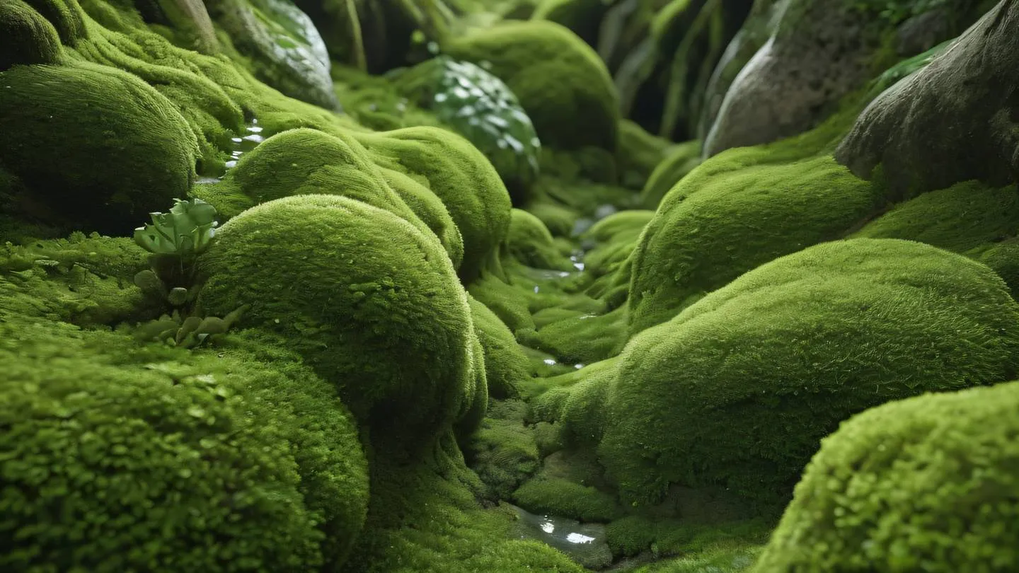 A nature-inspired abstract composition of flowing organic shapes in fresh moss green and zinc colors resembling growth and change photographed from a Dutch angle high-quality ultra-realistic cinematic 8K UHD high resolution sharp and detail