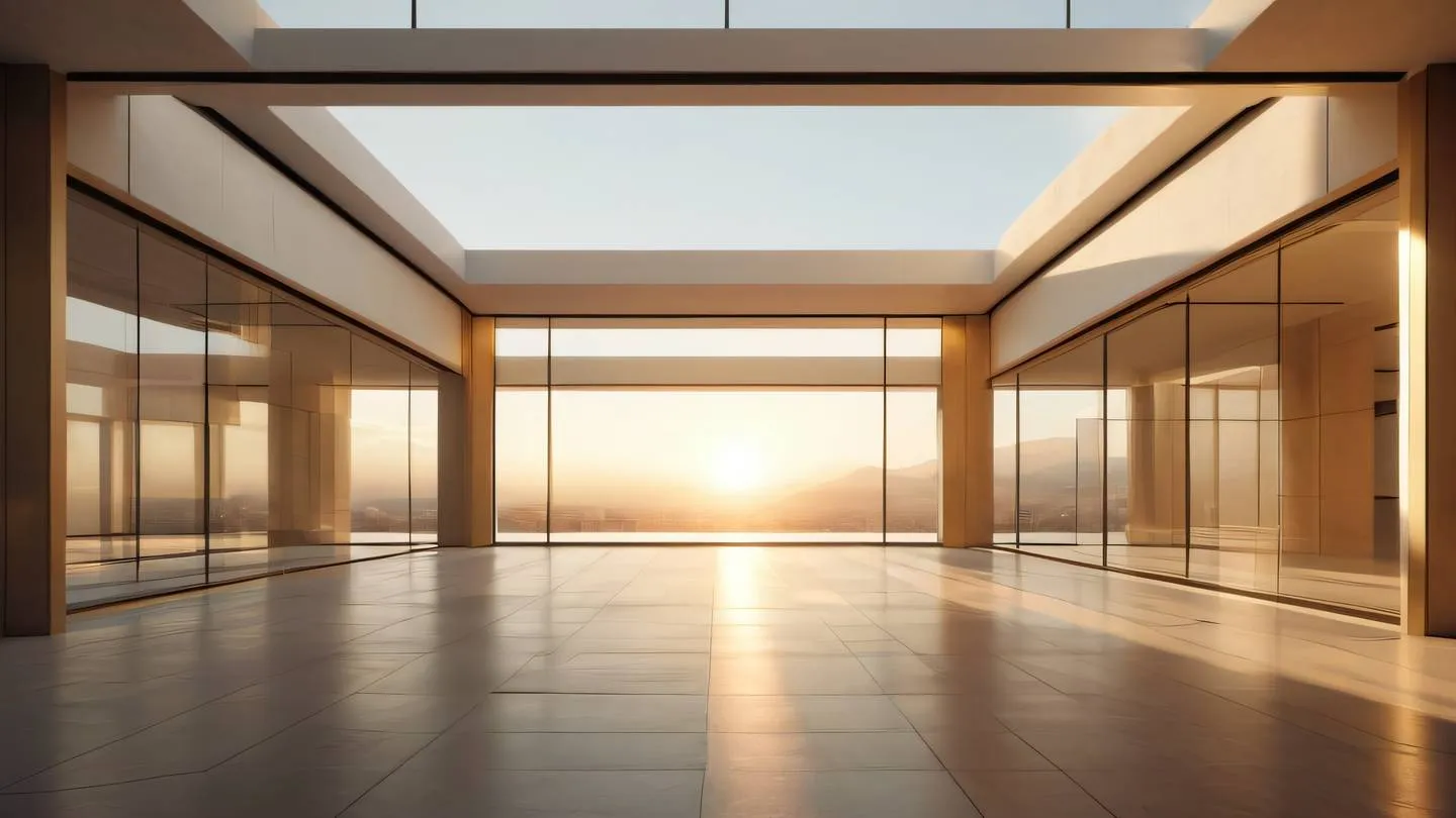 A minimalist modern architectural space with floating geometric forms featuring warm golden sunlight streaming through large windows. Clean lines and dynamic angles create an inviting atmosphere. Ultra-realistic cinematic 8K resolution captured from a low-angle perspective emphasizing the height and grandeur of the space