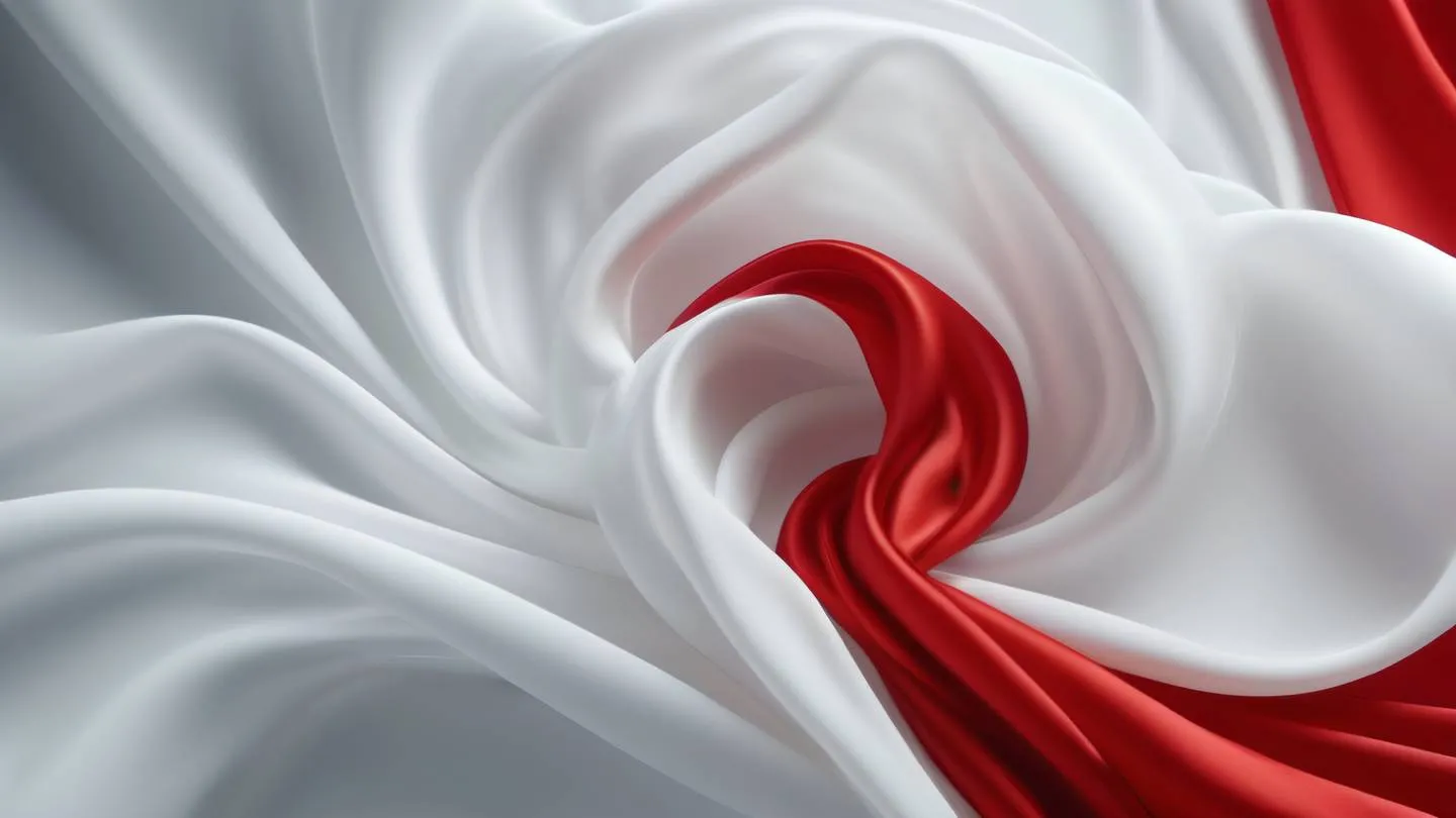 Abstract flowing fabric texture in motion with bright red and pristine white colors intertwining in a graceful dance. The fabric appears weightless and ethereal captured from a top-down perspective with dramatic lighting. High-quality ultra-realistic 8K UHD sharp details highlighting the intricate textile patterns