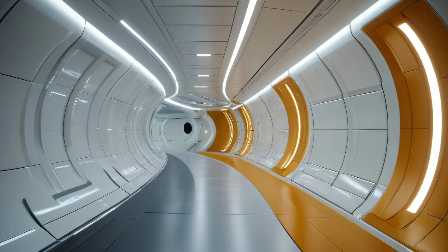 Modern spaceship interior corridor with sleek curved walls in ochre and metallic white tones. Soft ambient lighting creates dramatic shadows and highlights. Shot from a curved perspective showing the length of the corridor. High-quality ultra-realistic cinematic 8K UHD sharp and detailed