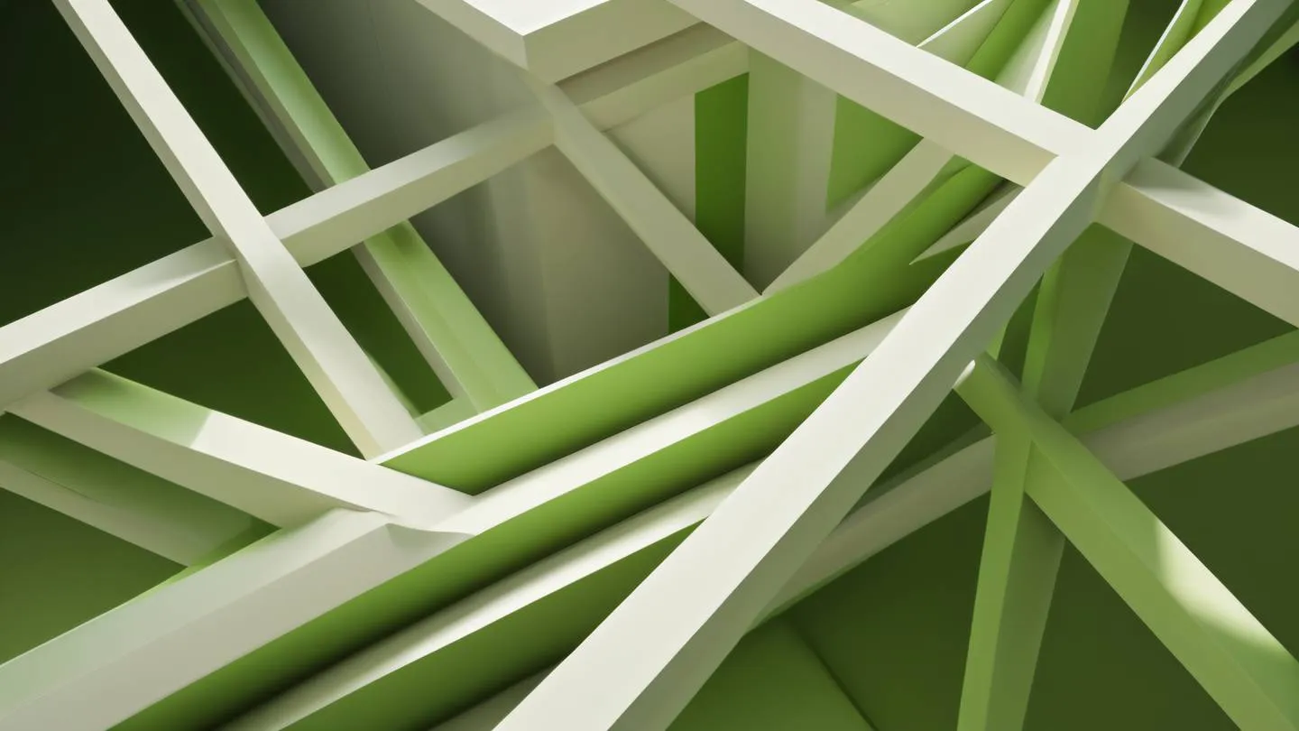 Abstract architectural composition featuring intersecting geometric planes and surfaces in grapeseed green and off-white colors. Strong diagonal lines create dynamic movement across the composition. Photographed from a diagonal angle with dramatic side lighting. High-quality ultra-realistic cinematic 8K UHD highlighting sharp edges and precise details