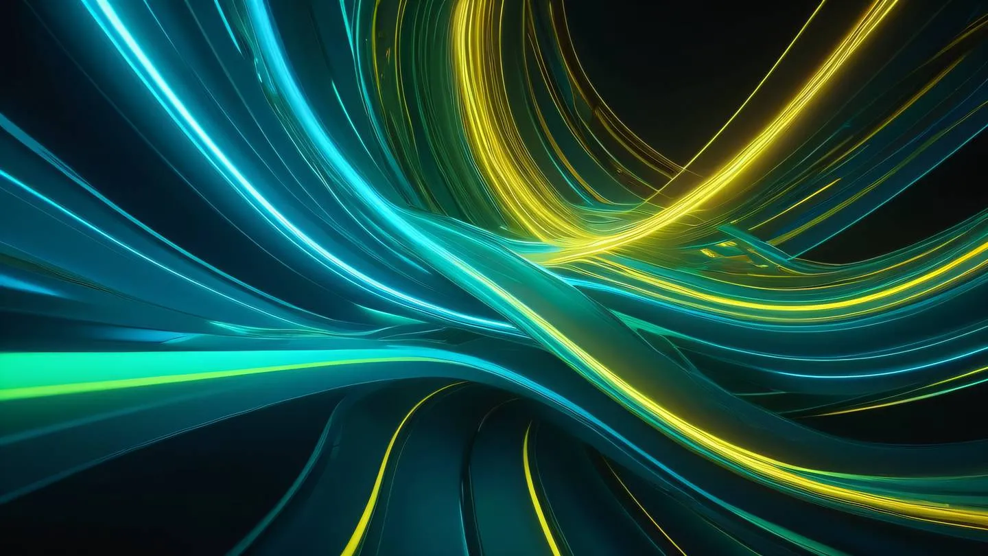 A bright and dynamic abstract composition featuring flowing curves and geometric shapes in neon blue electric green and golden yellow colors representing energy and instant transformation ultra-realistic cinematic lighting 8K UHD high resolution sharp and detail low angle shot with dramatic perspective