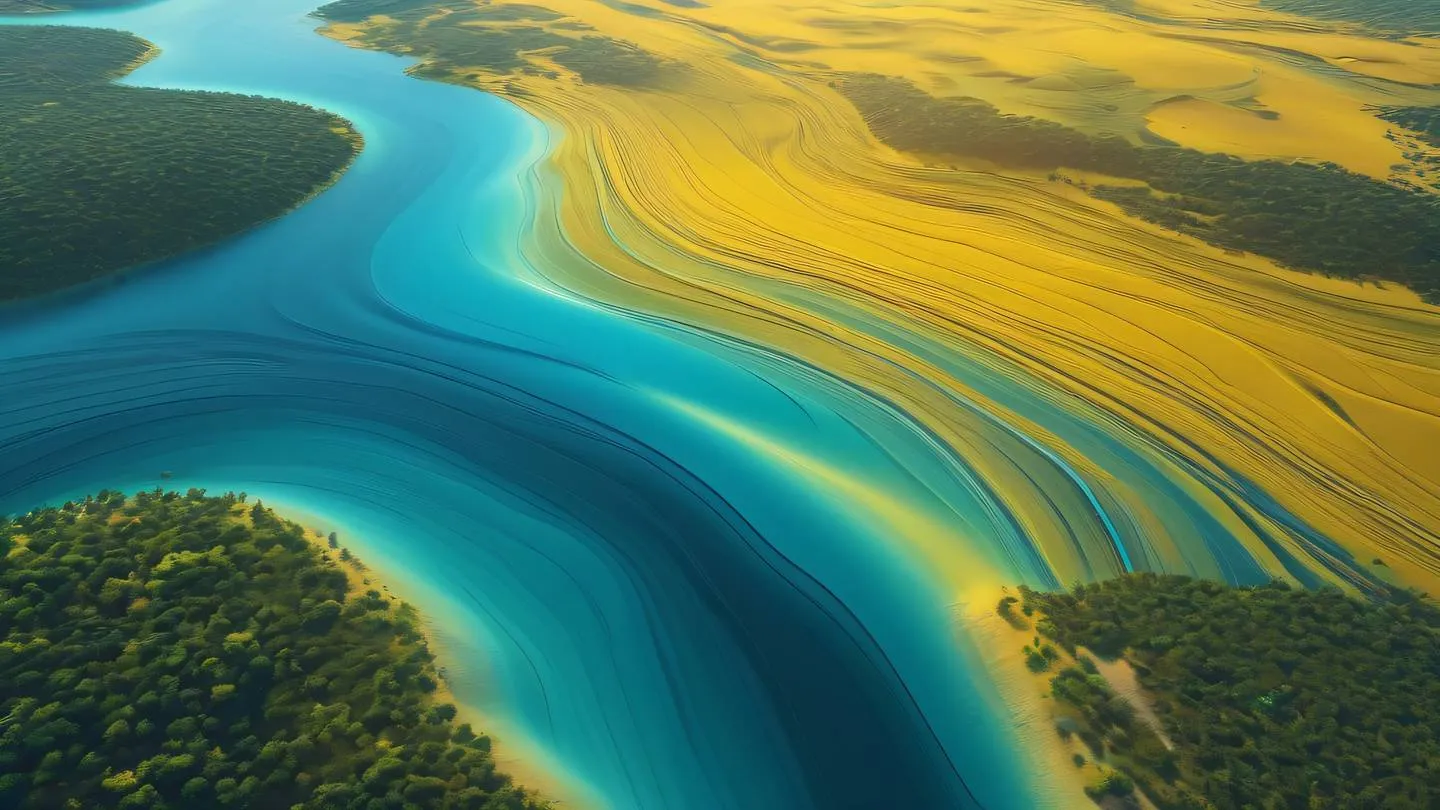 An abstract landscape with smooth flowing gradients transitioning from bright cyan to sunshine yellow featuring organic shapes that blend seamlessly representing continuous flow and seamless updates high-quality ultra-realistic cinematic 8K UHD sharp and detail bird's eye view