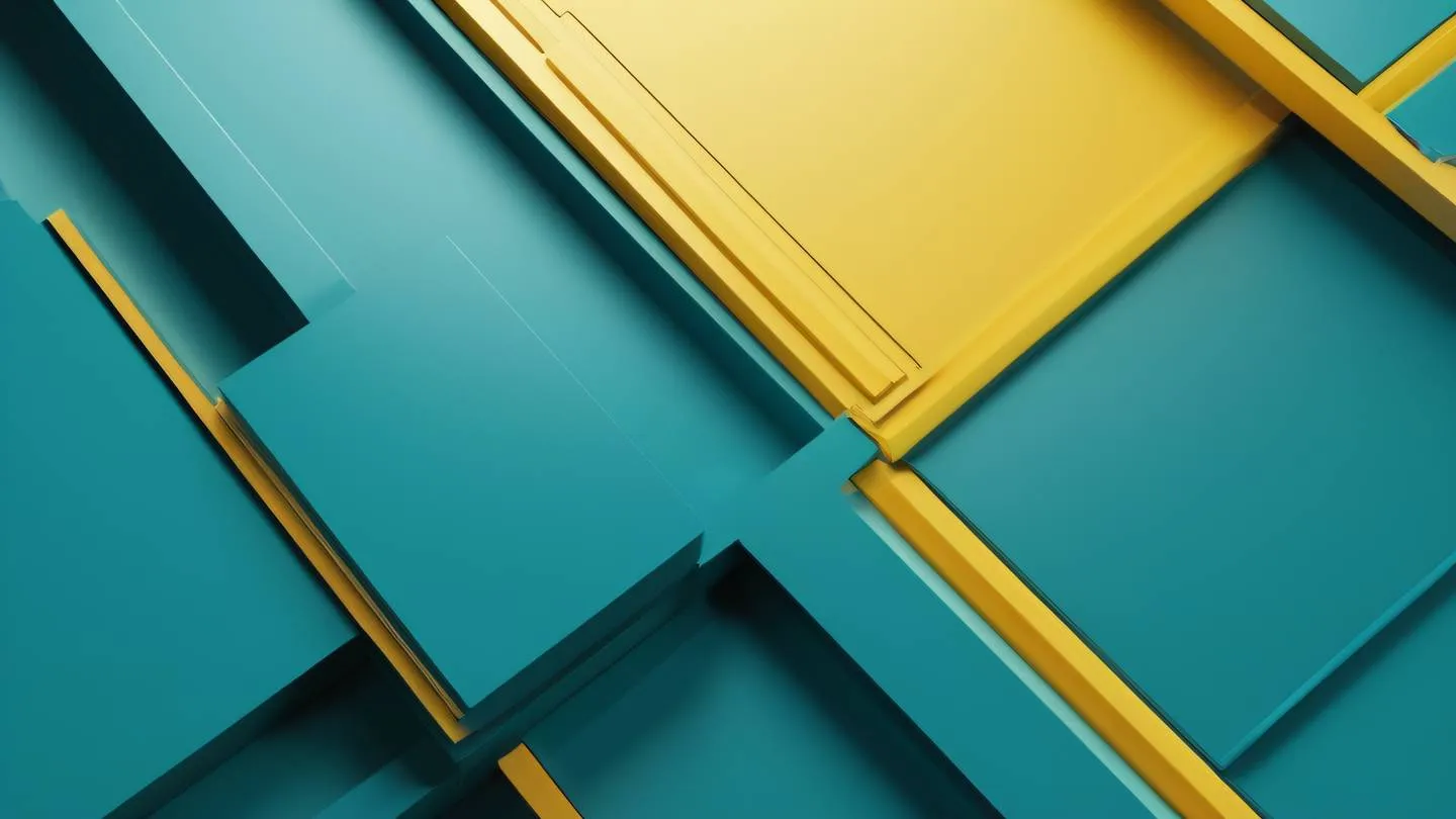 An abstract geometric composition with sharp lines and bold shapes in bright teals and sunny yellows creating a sense of quick transformation and energy high-quality ultra-realistic cinematic 8K UHD high resolution sharp and detail Dutch angle shot