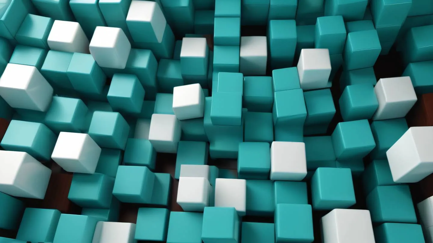 Abstract geometric composition featuring interconnected floating cubes and rectangles in bright turquoise pearl white and rich mahogany brown tones captured from a slight low angle perspective with dramatic lighting high-quality ultra-realistic cinematic 8K UHD high resolution sharp and detail