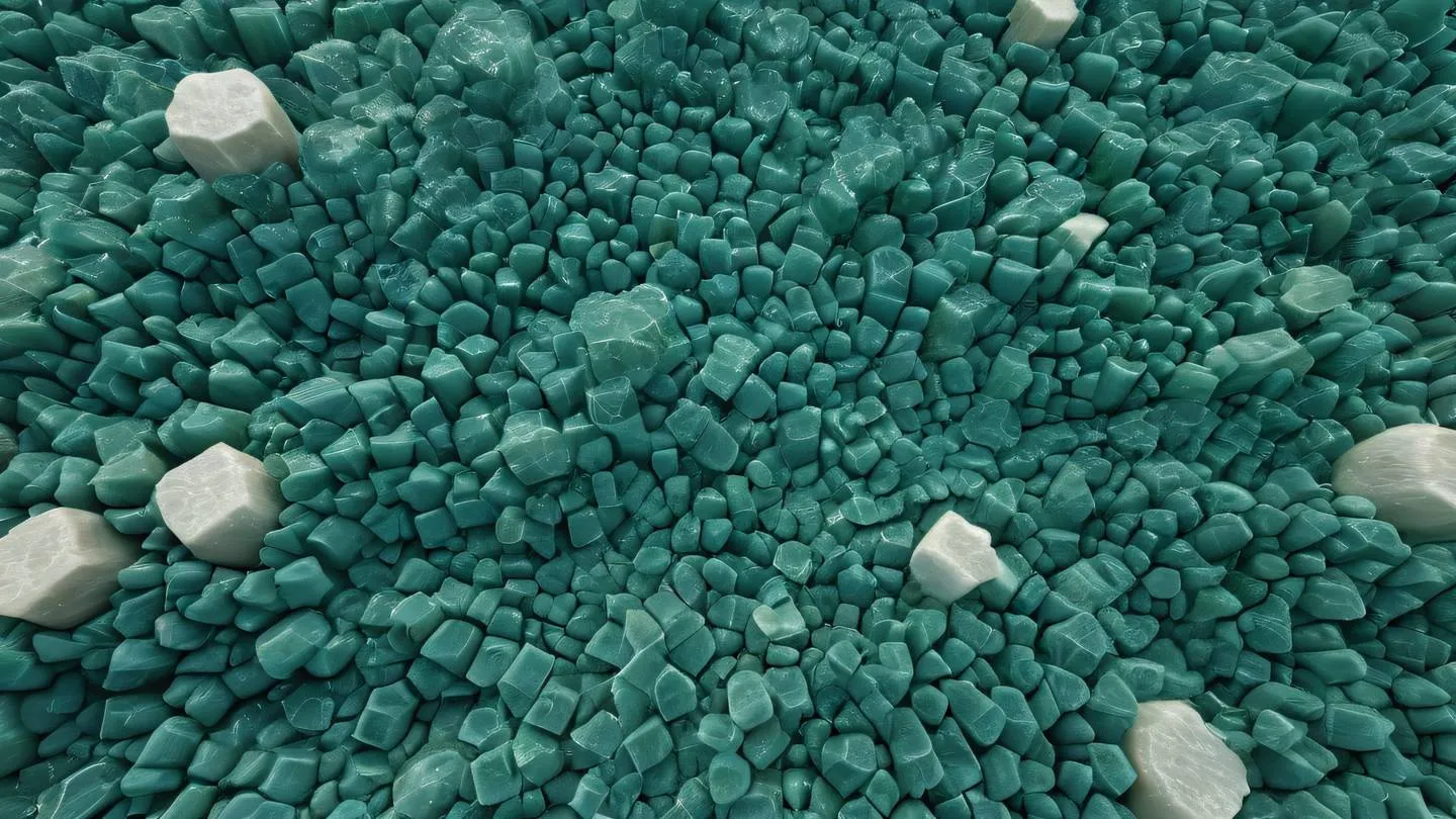 Futuristic crystalline structure with interlocking geometric shapes in seaweed green stone blue and cream colors shot from a bird's eye view perspective high-quality ultra-realistic cinematic 8K UHD high resolution sharp and detail