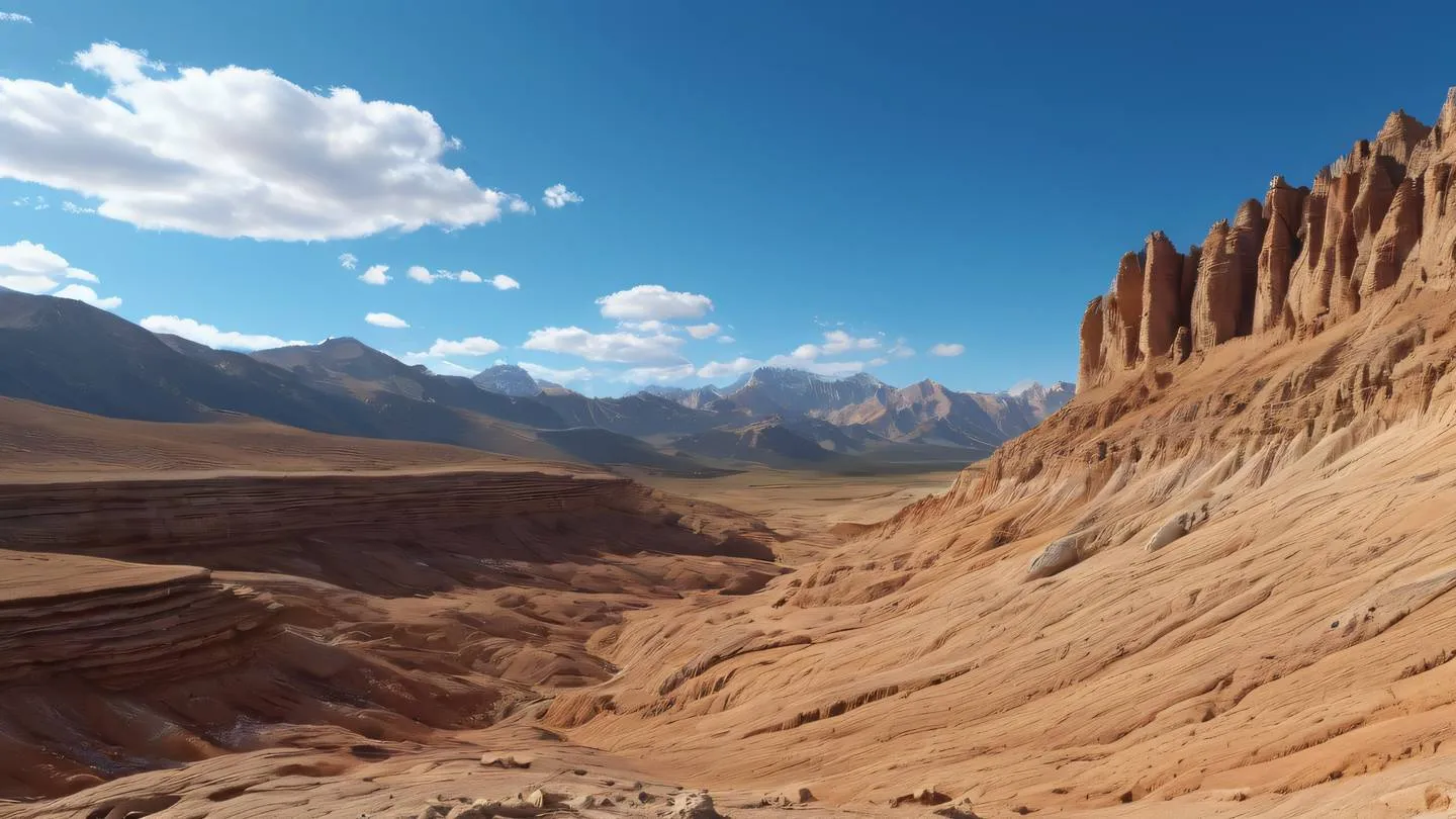 Rocky mountain landscape with layered sedimentary formations in warm clay tones golden ochre and bright cerulean blue sky captured from a dramatic side angle high-quality ultra-realistic cinematic 8K UHD high resolution sharp and detail