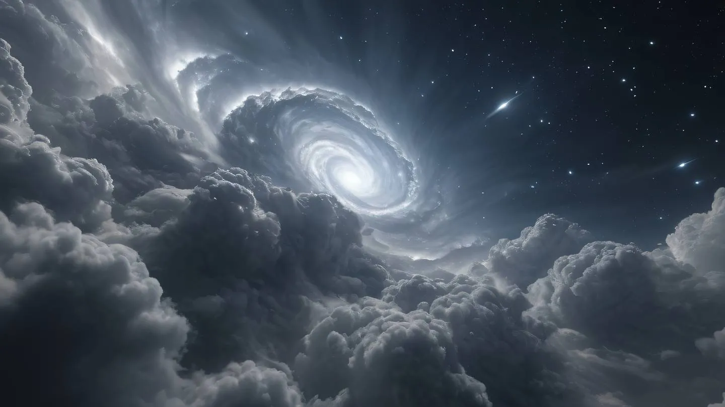 Nebular cloud formation with swirling patterns in bright metallic silver charcoal grey and brilliant white viewed from a slight upward angle high-quality ultra-realistic cinematic 8K UHD high resolution sharp and detail