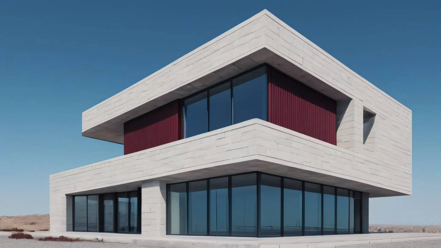 Modern minimalist architectural structure with clean lines and geometric shapes featuring stone blue and maroon color palette photographed from low angle perspective high-quality ultra-realistic cinematic 8K UHD high resolution sharp and detail