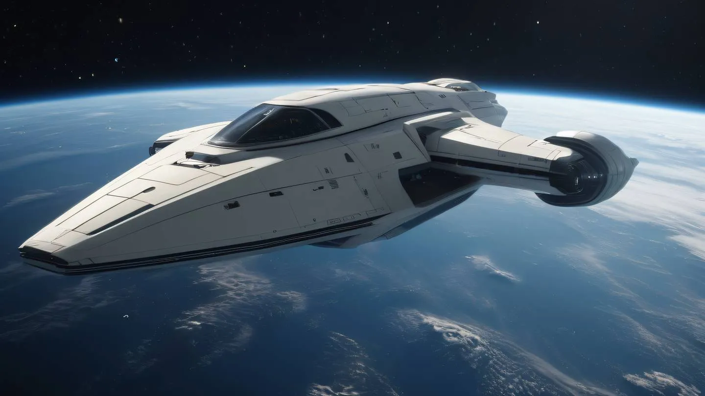 A minimalist modern spaceship floating in deep space with soft creamy and off-white color tones viewed from a low angle perspective capturing the sleek design against a starry backdrop high-quality ultra-realistic cinematic 8K UHD high resolution sharp and detail