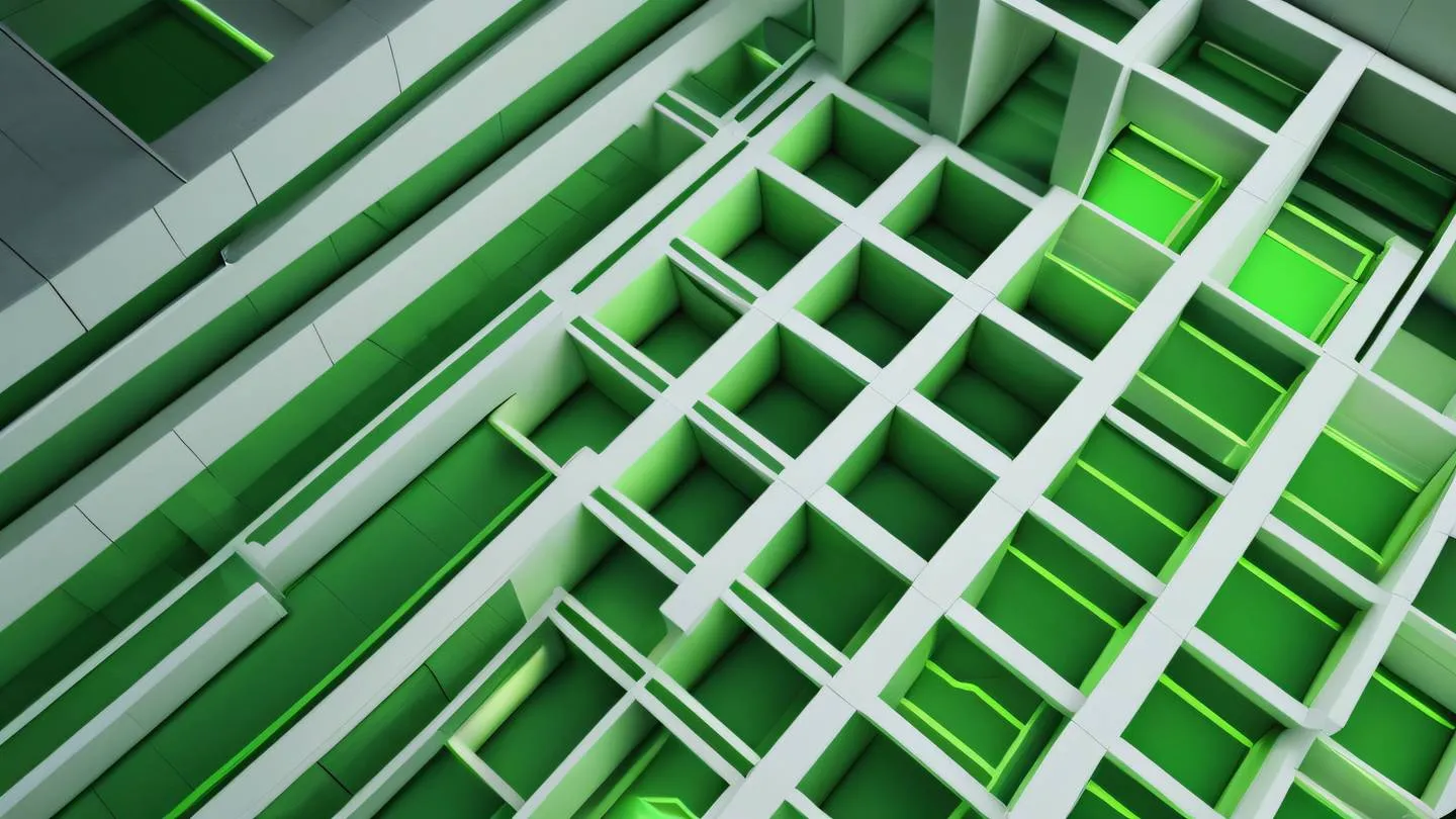 An abstract geometric pattern representing building blocks with neon green and white colors forming a ascending staircase pattern shot from top-down perspective high-quality ultra-realistic cinematic 8K UHD high resolution sharp and detail