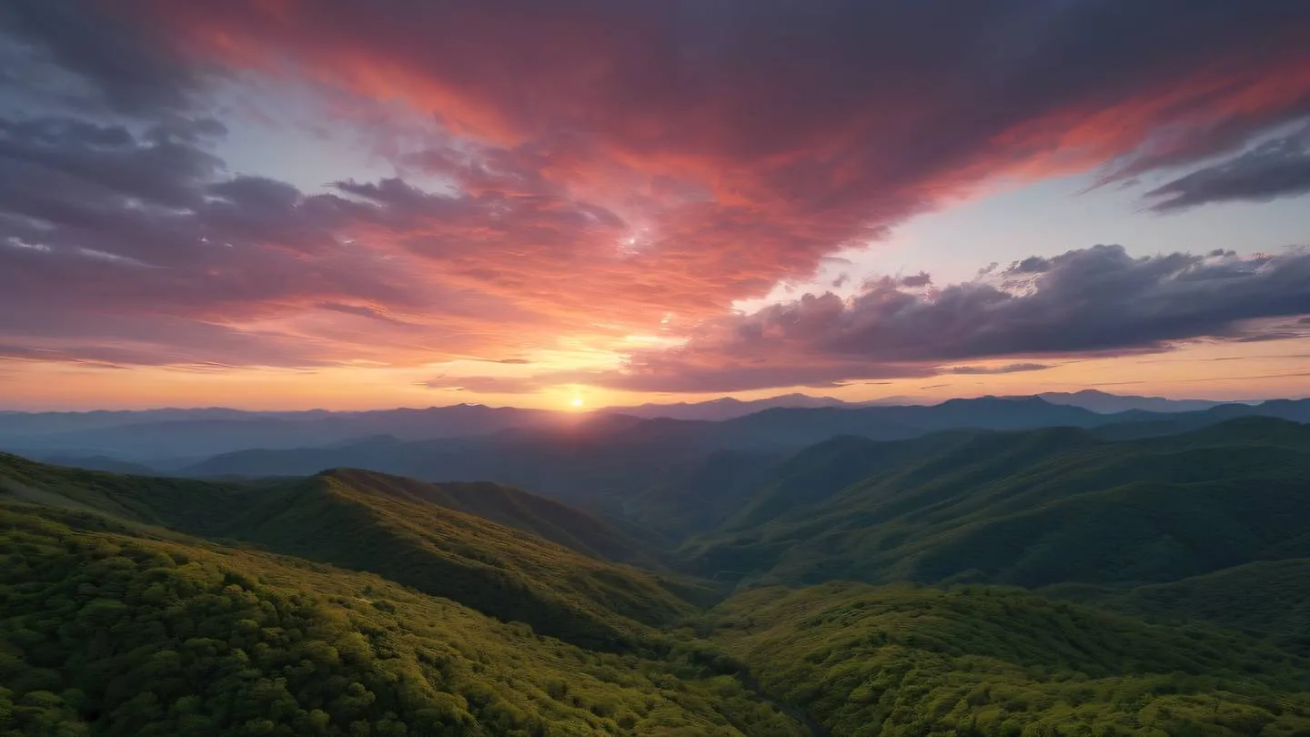 A serene mountain landscape with rolling hills covered in lush vegetation featuring warm red and zinc white colored sunset sky captured from a wide aerial perspective high-quality ultra-realistic cinematic 8K UHD high resolution sharp and detail