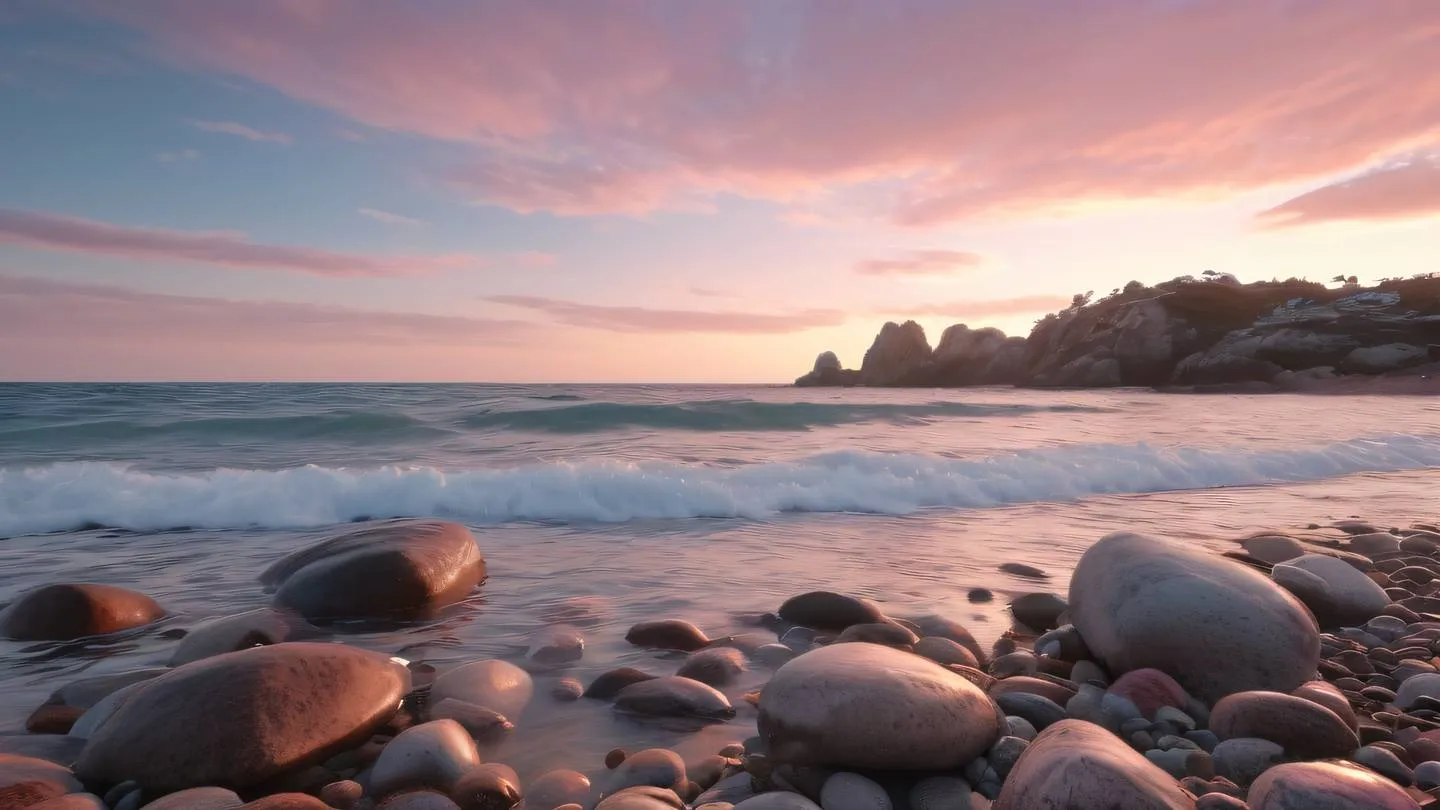 A tranquil ocean scene with gentle waves reflecting bright white and rose colored sky viewed from a beach perspective with rocks in foreground high-quality ultra-realistic cinematic 8K UHD high resolution sharp and detail