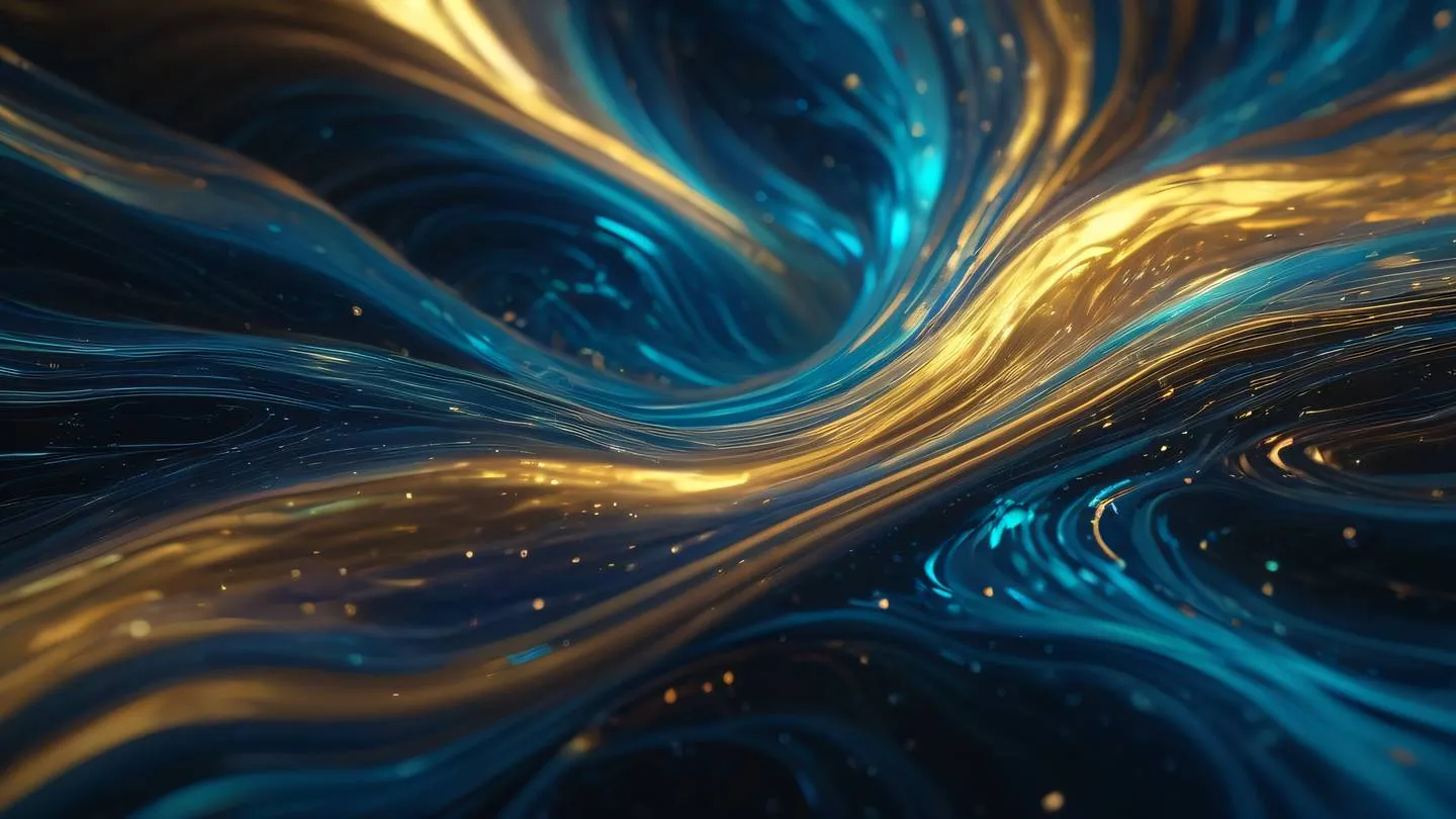 Abstract flowing liquid shapes representing data streams featuring holographic iridescent colors with blue and gold swirls waves of energy floating in space ultra-realistic cinematic lighting 8K UHD sharp details overhead camera angle looking down at the flowing patterns