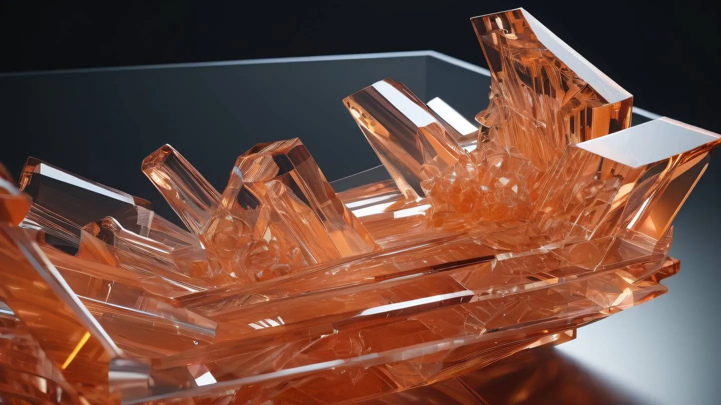 Geometric abstract sculpture made of crystal-clear glass and salmon-orange colored elements representing interconnected pathways and flow of data high-quality ultra-realistic cinematic 8K UHD high resolution sharp and detailed shot from a 45-degree angle with dramatic side lighting