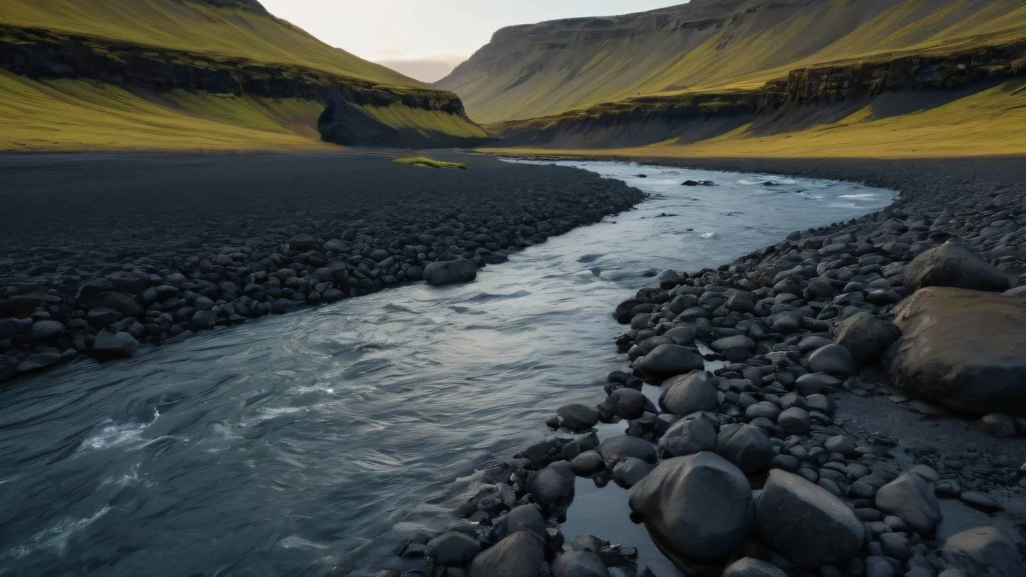 Flowing river in Iceland with bright yellow and black volcanic rocks crystal clear water creating natural patterns captured during golden hour ultra-realistic cinematic 8K UHD high resolution sharp and detailed low angle shot from water level