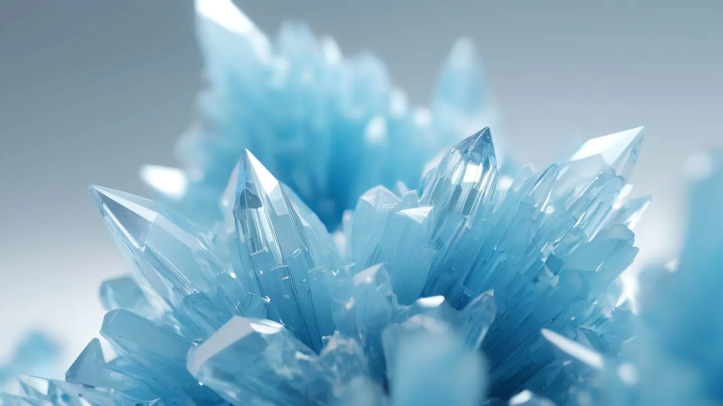 Abstract crystal formation in bright baby blue and white colors representing data structures and flow patterns with sharp geometric edges and smooth surfaces high-quality ultra-realistic cinematic 8K UHD high resolution sharp and detailed macro shot with shallow depth of field