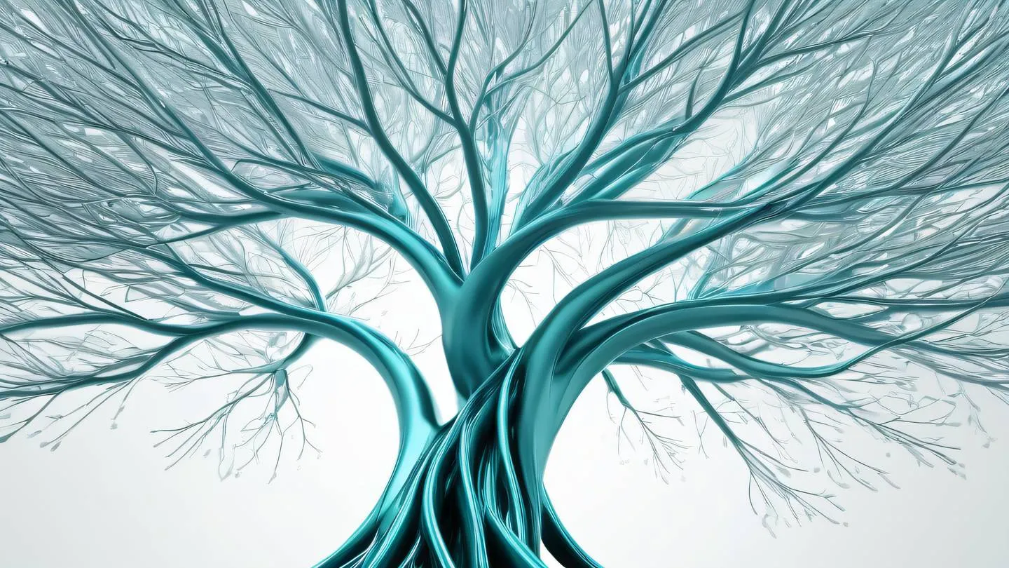 An abstract representation of a tree structure made of geometric shapes and flowing lines with branches spreading upward against a pristine white background. Colors: Metallic silver bright turquoise and white. Camera angle: Low angle shot looking up toward the spreading branches creating a sense of grandeur and scale. high-quality ultra-realistic cinematic 8K UHD high resolution sharp and detail