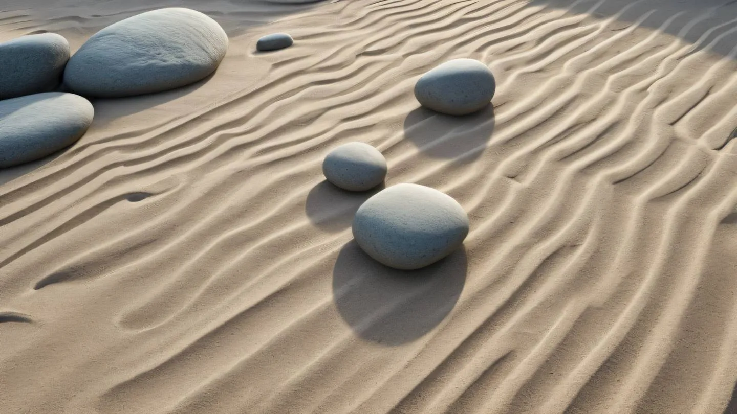 A minimalist zen garden with carefully arranged geometric stones of varying sizes representing hierarchy and structure. The stones cast long shadows on smooth sand with intricate patterns. Colors: Dusty blue warm beige and subtle gray tones. Camera angle: Bird's eye view capturing the entire arrangement pattern. high-quality ultra-realistic cinematic 8K UHD high resolution sharp and detail