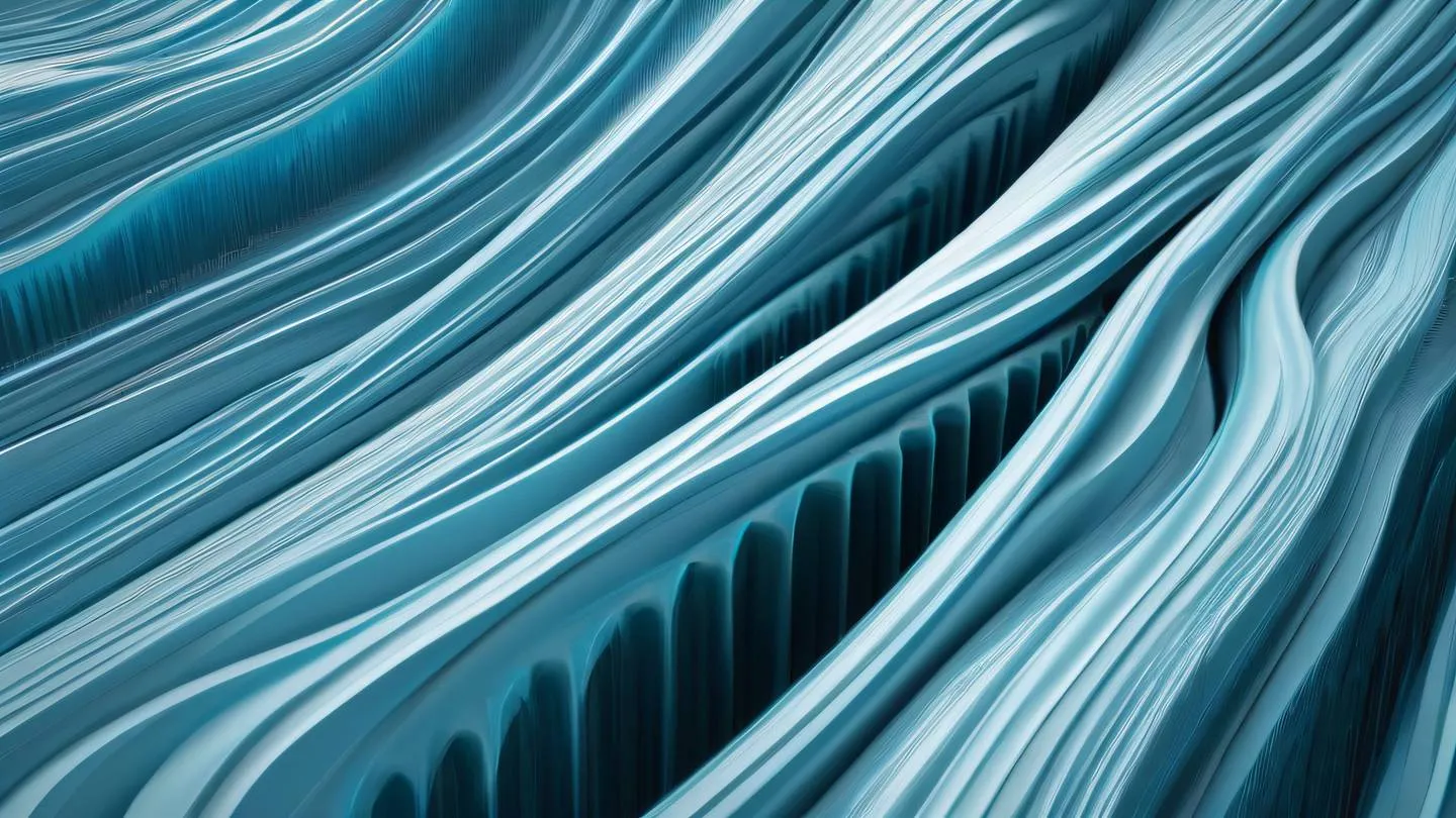 Abstract flowing lines forming a cascading waterfall pattern representing data flow and hierarchy. Colors: Bright cyan blues mixed with crisp white and brushed aluminum silver tones. Camera angle: Straight on capturing the full vertical flow. high-quality ultra-realistic cinematic 8K UHD high resolution sharp and detail